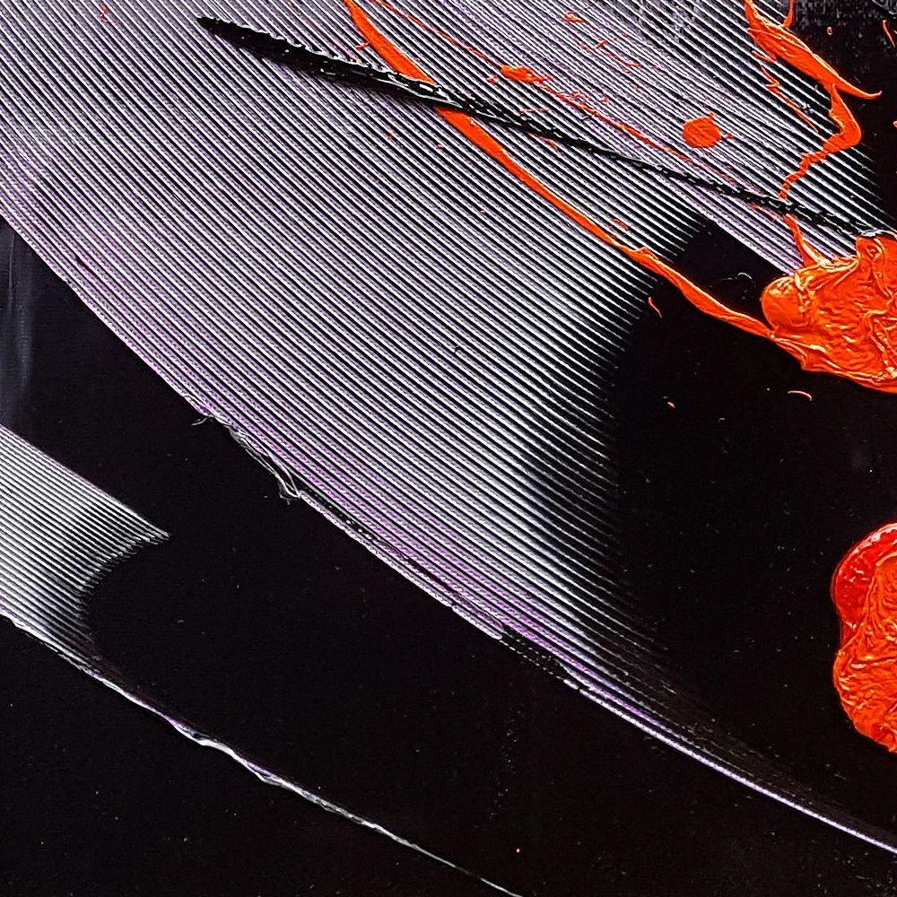 Pittura a olio con astrazione lirica, rosso e nero su nero e malva, senza titolo 5