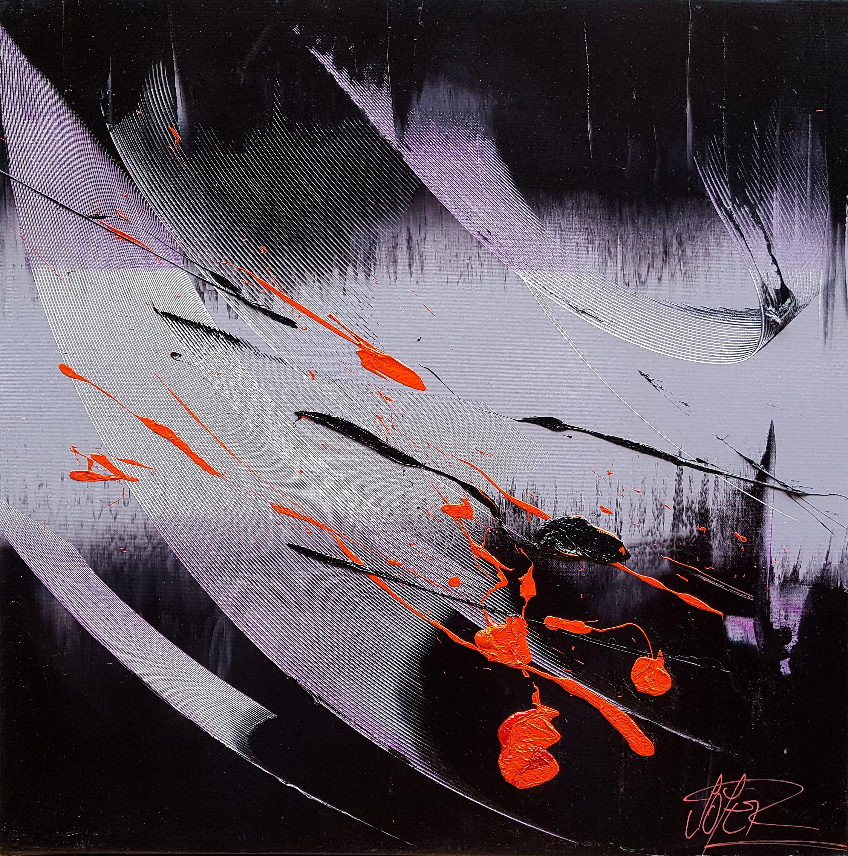 Red and Black on Black and Mauve Lyrical Abstraction Oil Painting, Untitled