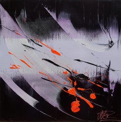 Pittura a olio con astrazione lirica, rosso e nero su nero e malva, senza titolo