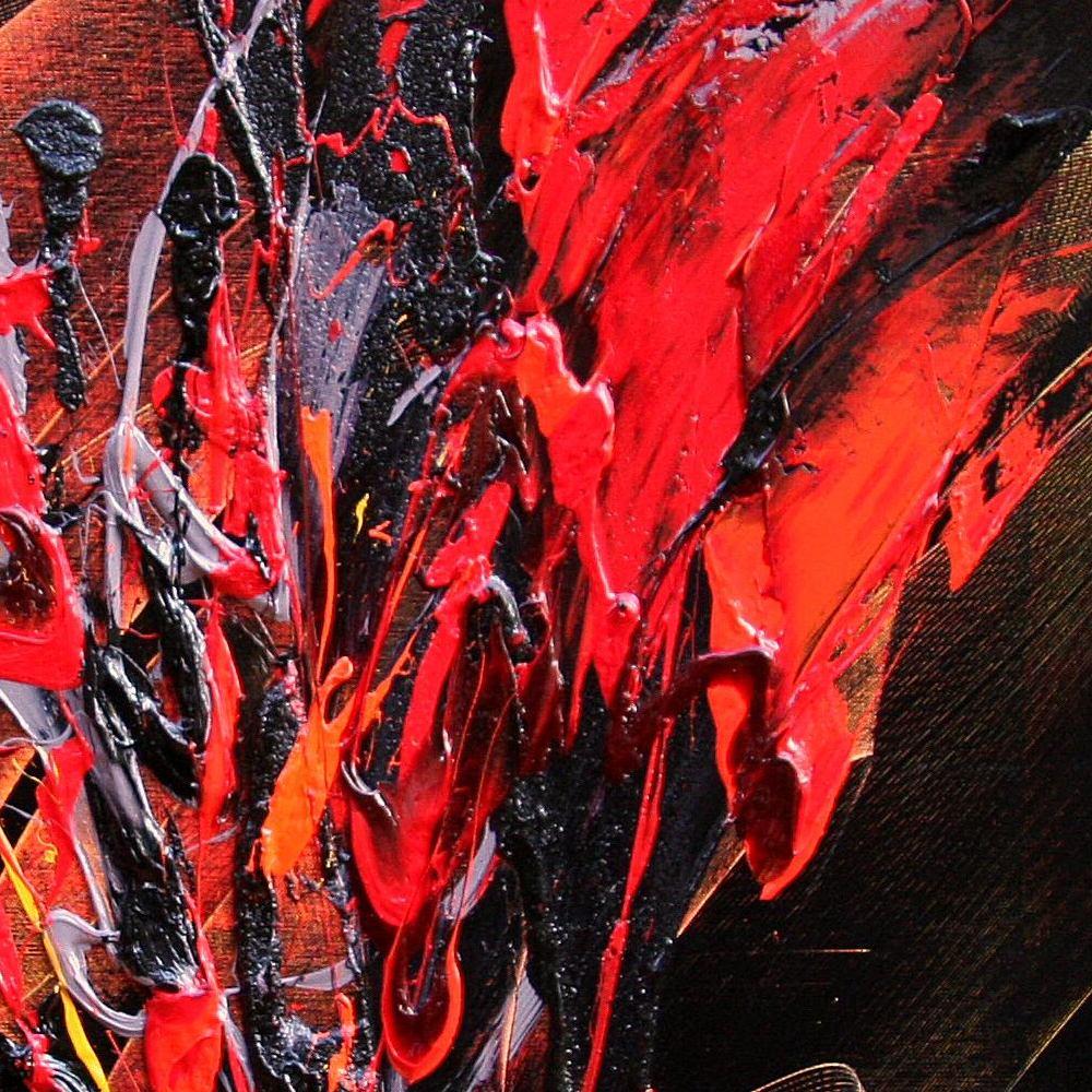 Red and Mauve Fireworks on Dark Background Squared Abstract Oil Painting - Purple Abstract Painting by Jean Soyer