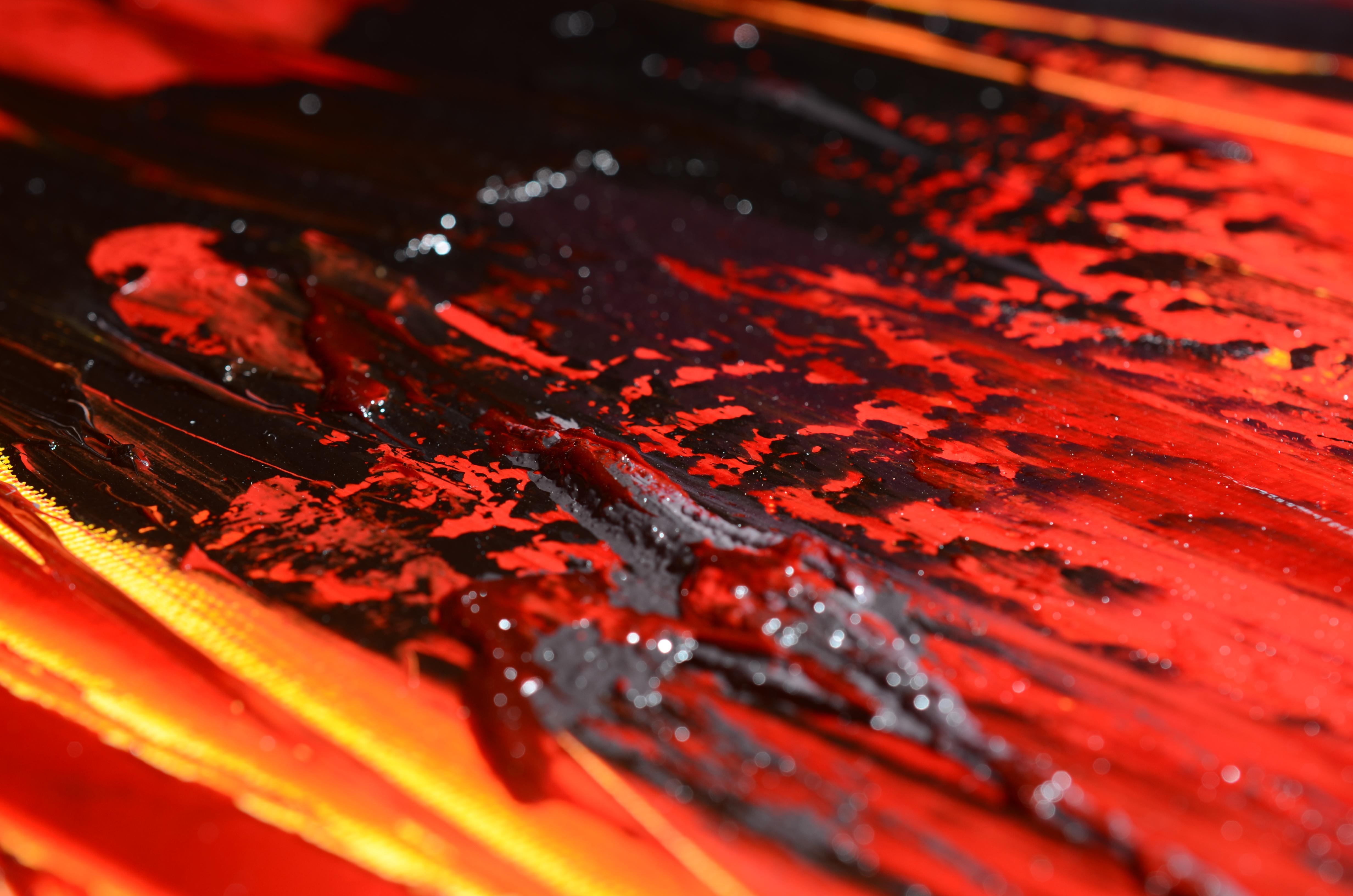 Peinture à l'huile abstraite explosion de lave volcanique rouge orange et noire de Magma, sans titre en vente 5