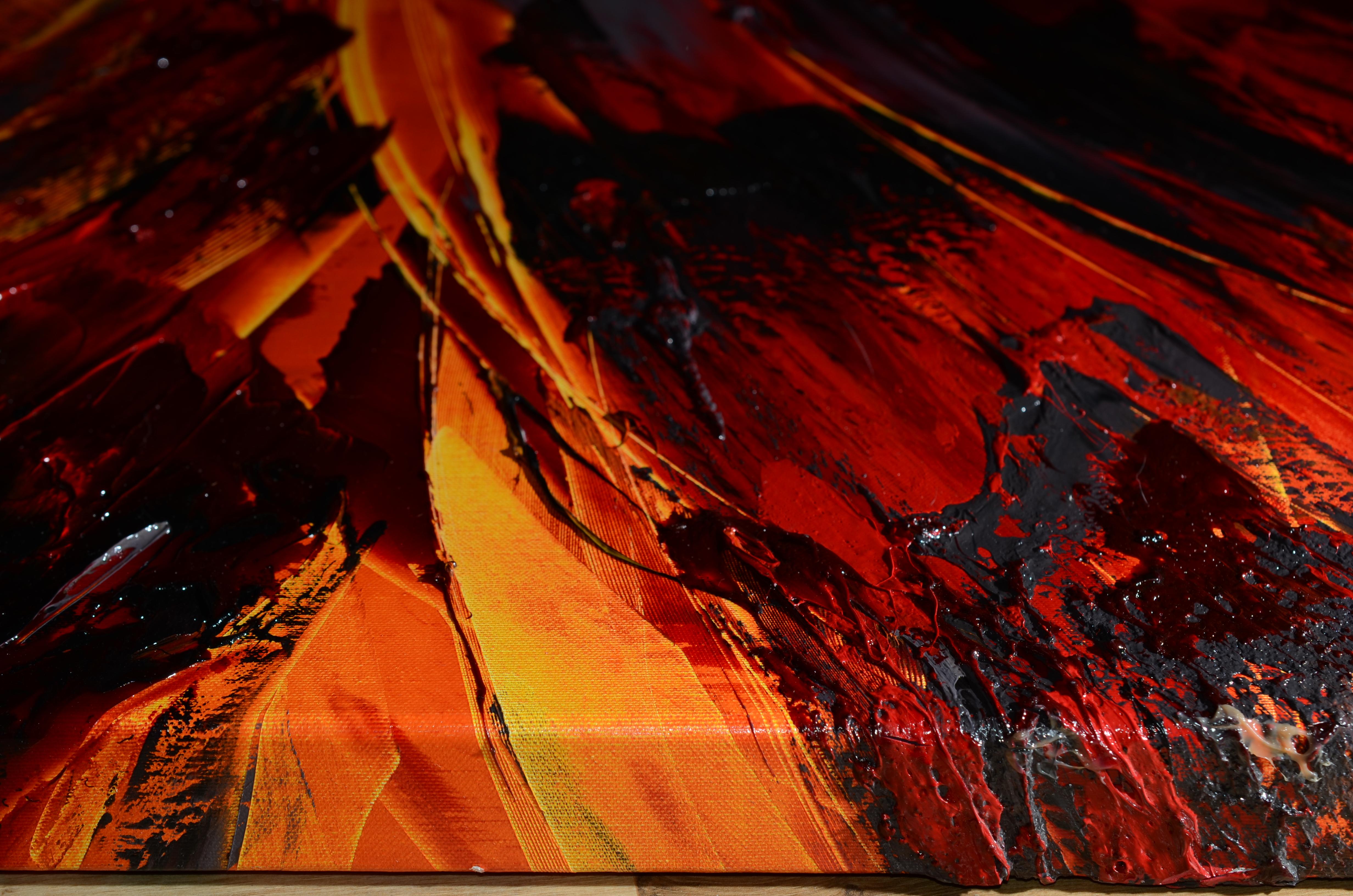 Peinture à l'huile abstraite explosion de lave volcanique rouge orange et noire de Magma, sans titre en vente 6