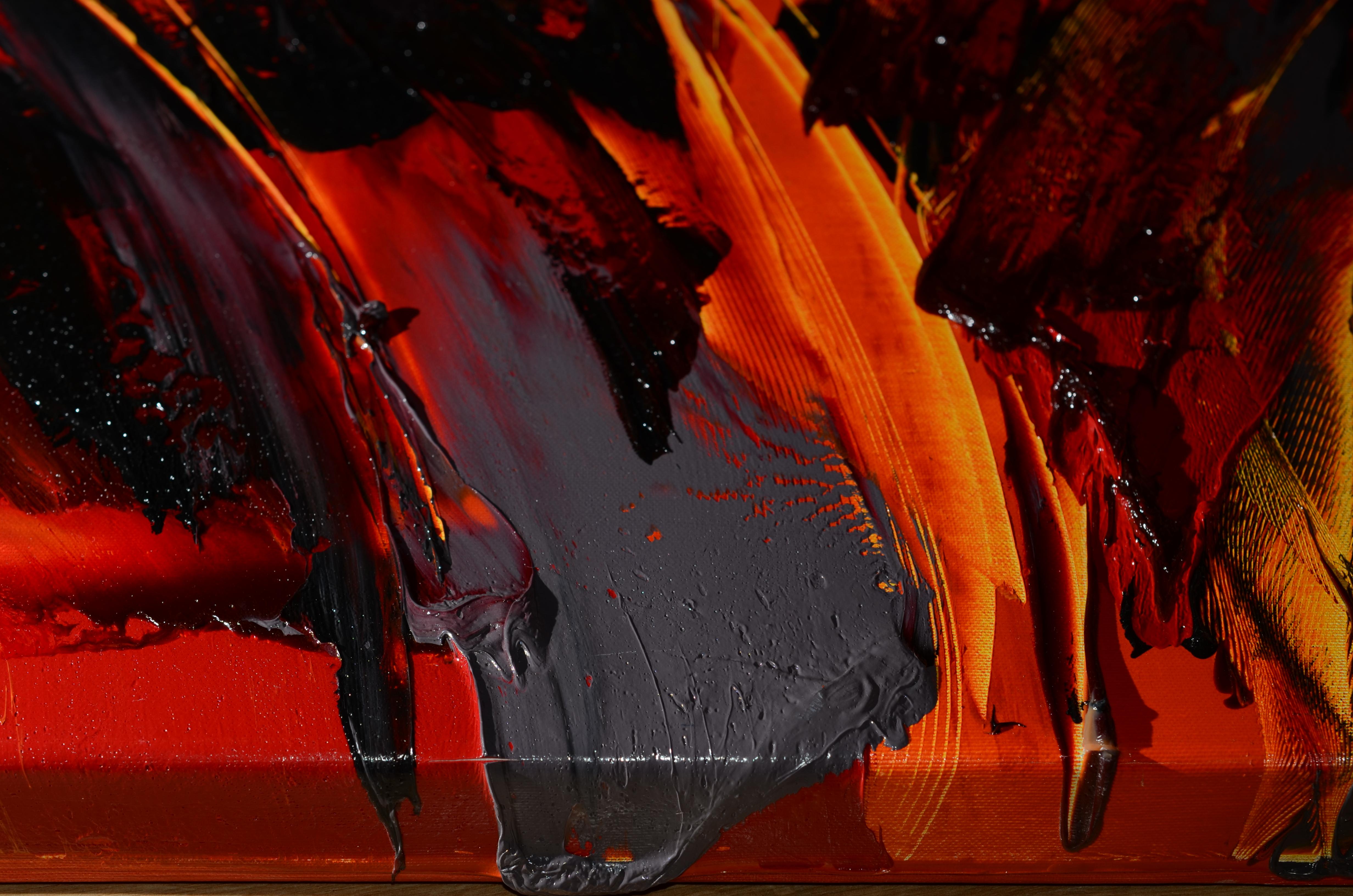 Peinture à l'huile abstraite explosion de lave volcanique rouge orange et noire de Magma, sans titre en vente 7