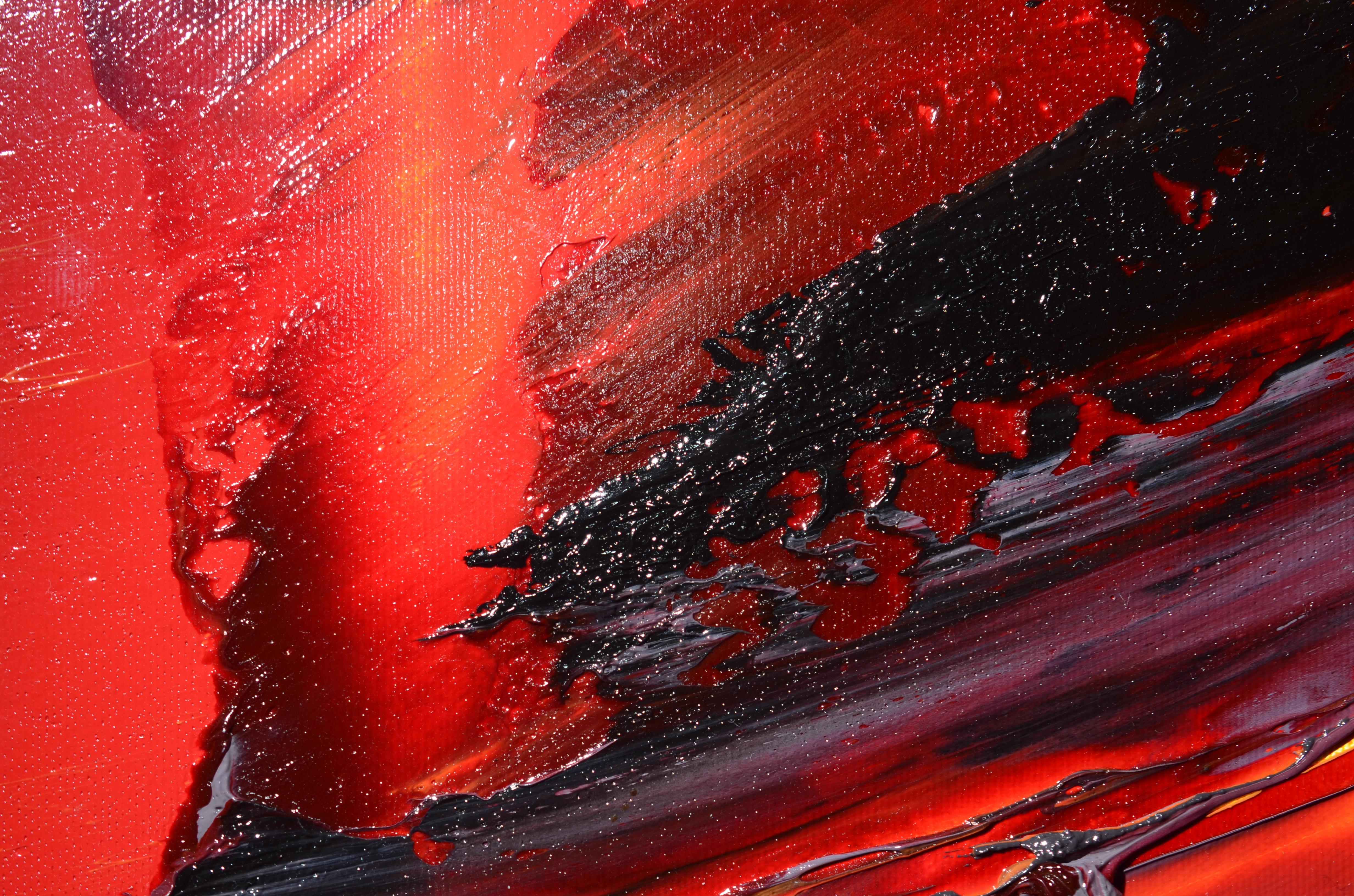 Peinture à l'huile abstraite explosion de lave volcanique rouge orange et noire de Magma, sans titre - Abstrait Painting par Jean Soyer