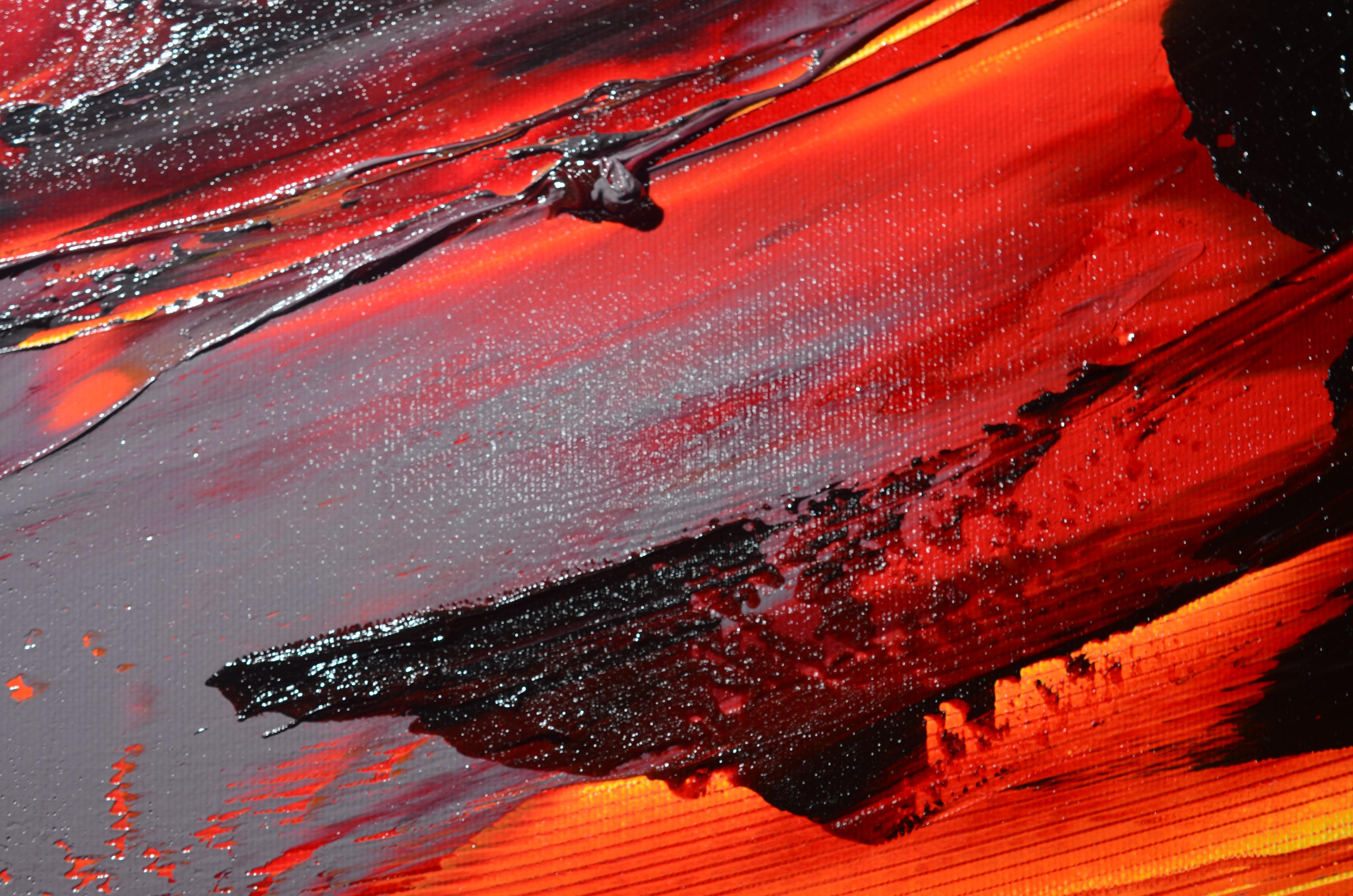 Peinture à l'huile abstraite explosion de lave volcanique rouge orange et noire de Magma, sans titre - Marron Figurative Painting par Jean Soyer