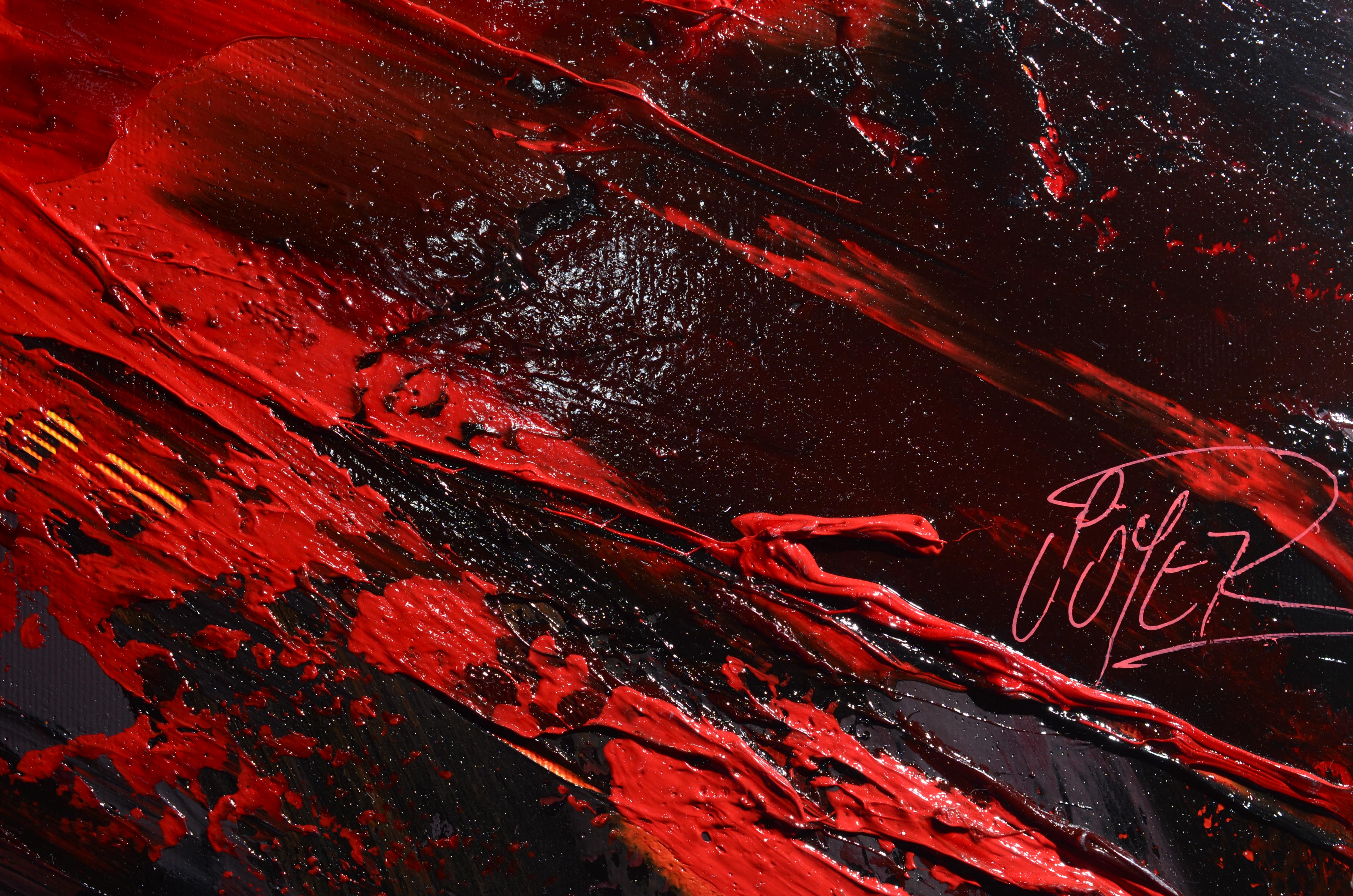 Peinture à l'huile abstraite explosion de lave volcanique rouge orange et noire de Magma, sans titre en vente 1