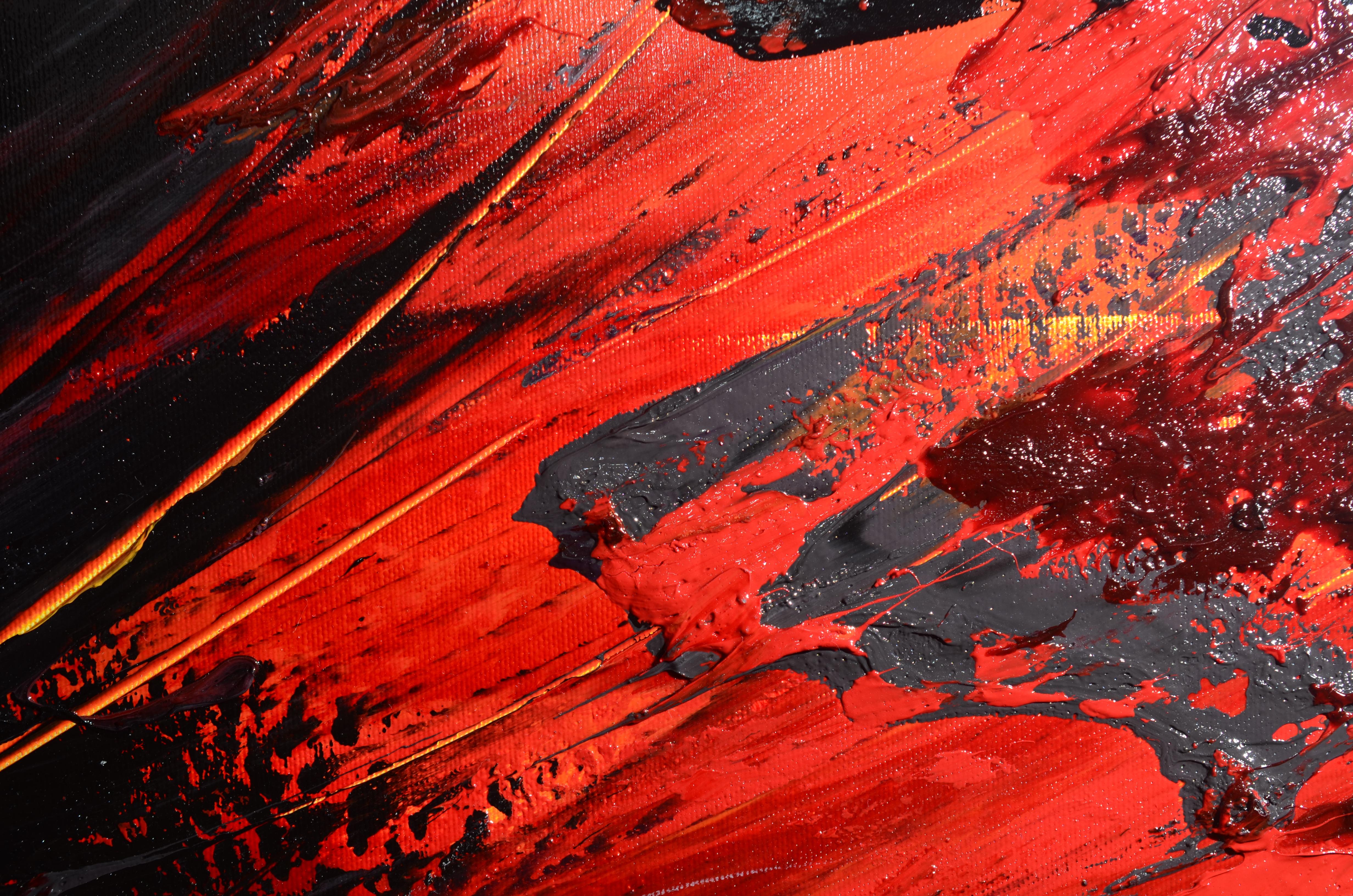 Peinture à l'huile abstraite explosion de lave volcanique rouge orange et noire de Magma, sans titre en vente 3