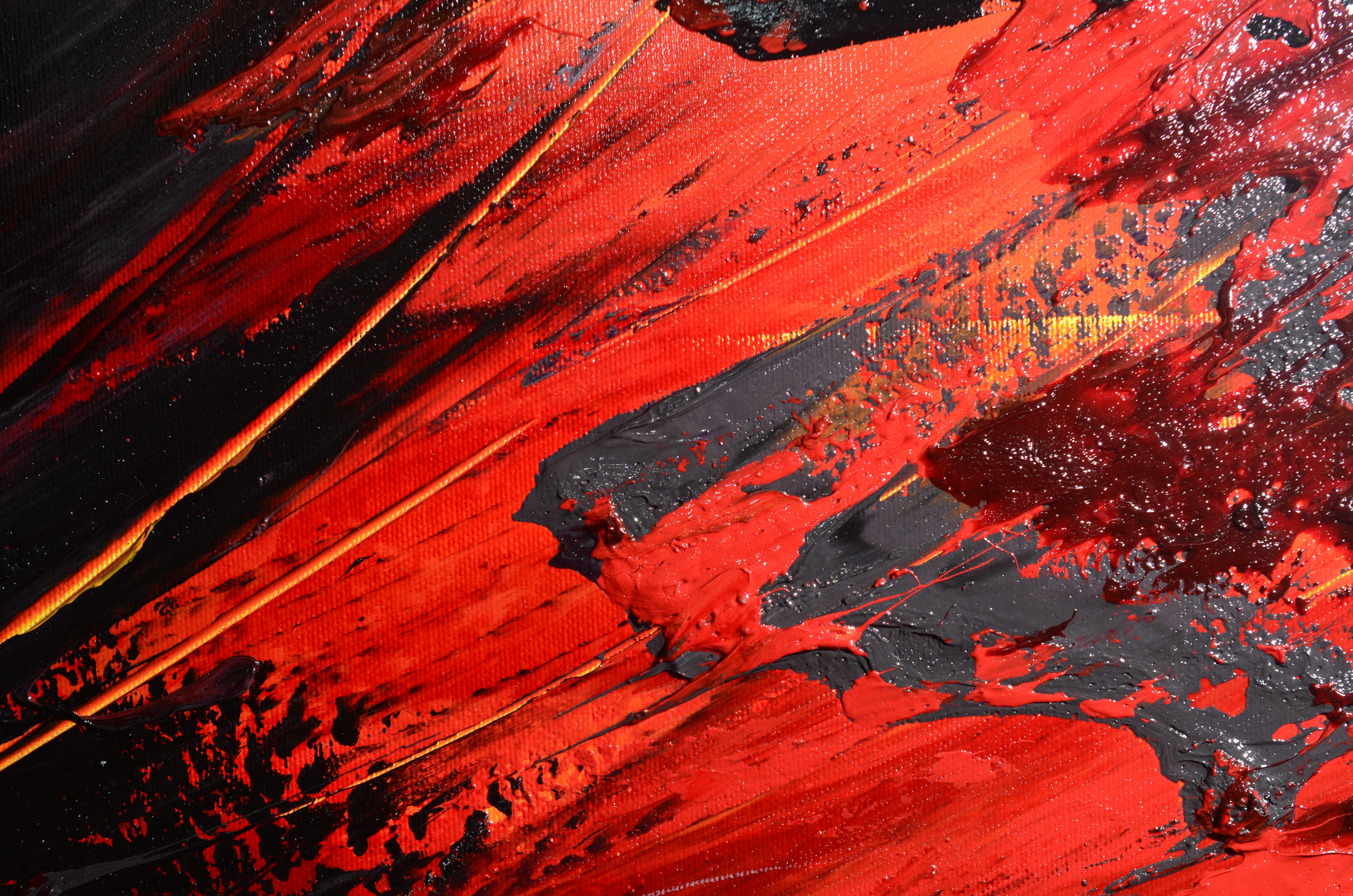 Rosso Arancione Nero Lava Vulcanica Esplosione di Magma Pittura ad olio astratta, Senza Titolo 3