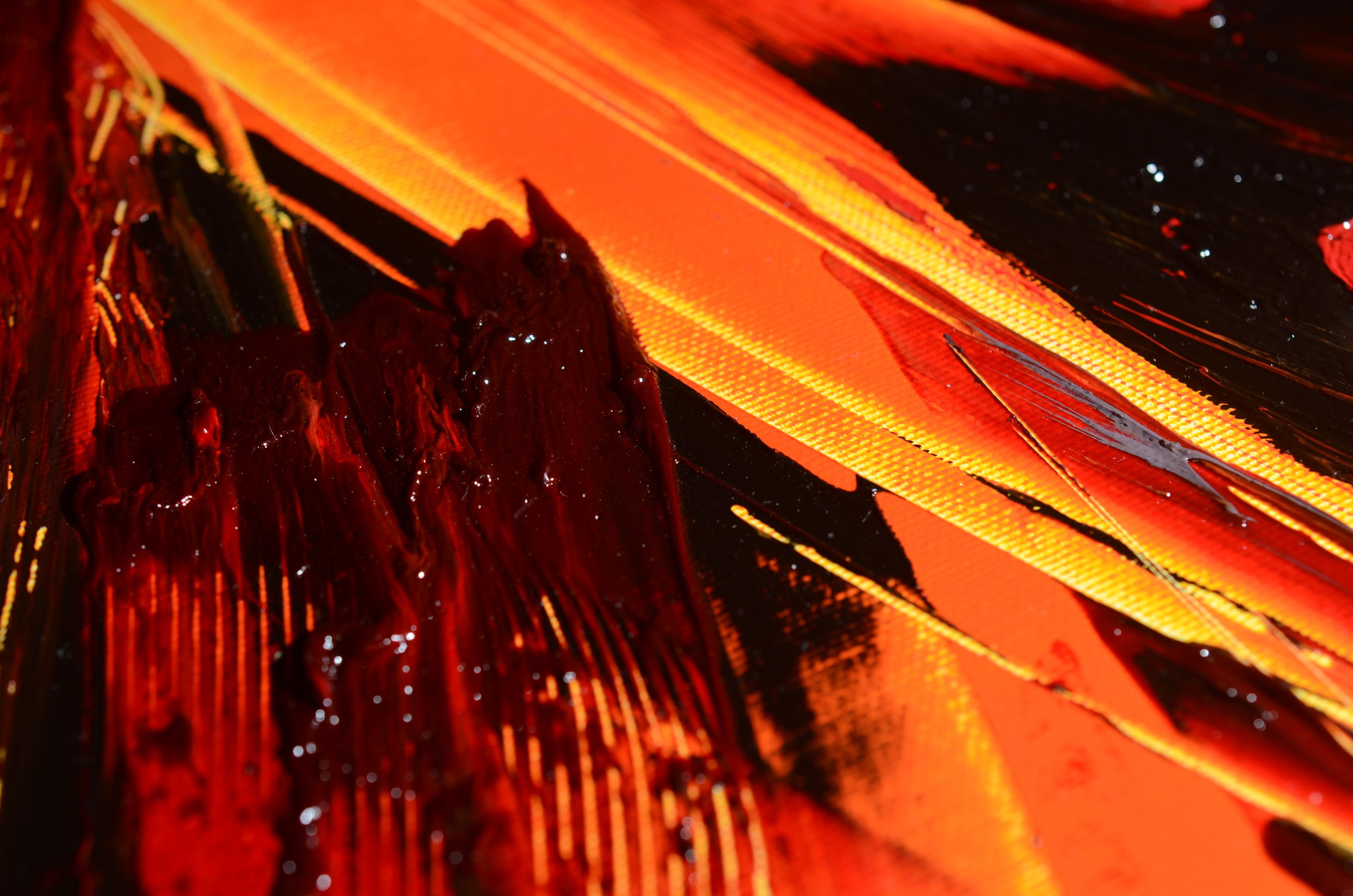 Peinture à l'huile abstraite explosion de lave volcanique rouge orange et noire de Magma, sans titre en vente 4