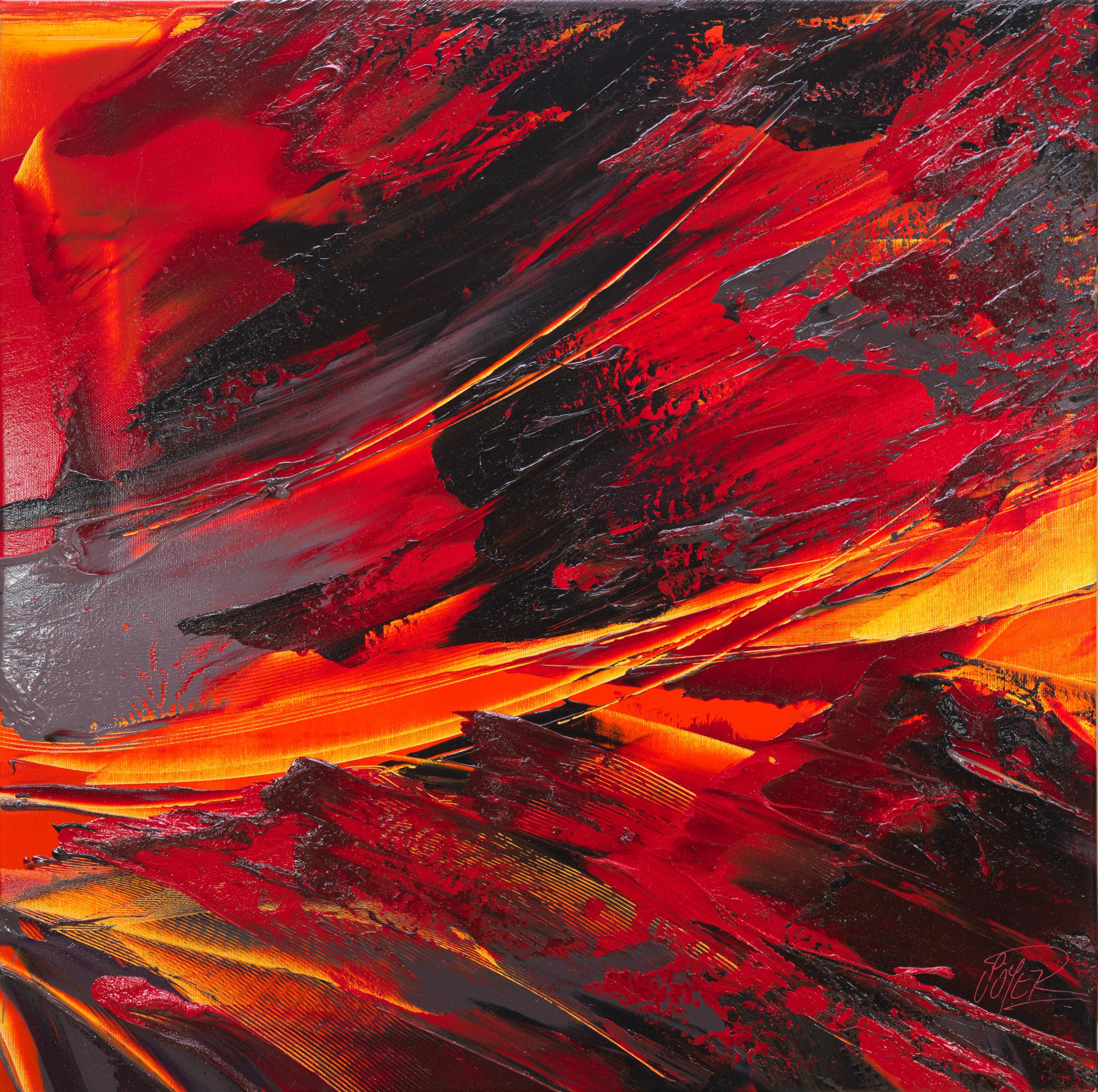 Jean Soyer Figurative Painting – Abstraktes Ölgemälde mit Lava-Magma- Explosion in Rot, Orange und Schwarz, ohne Titel