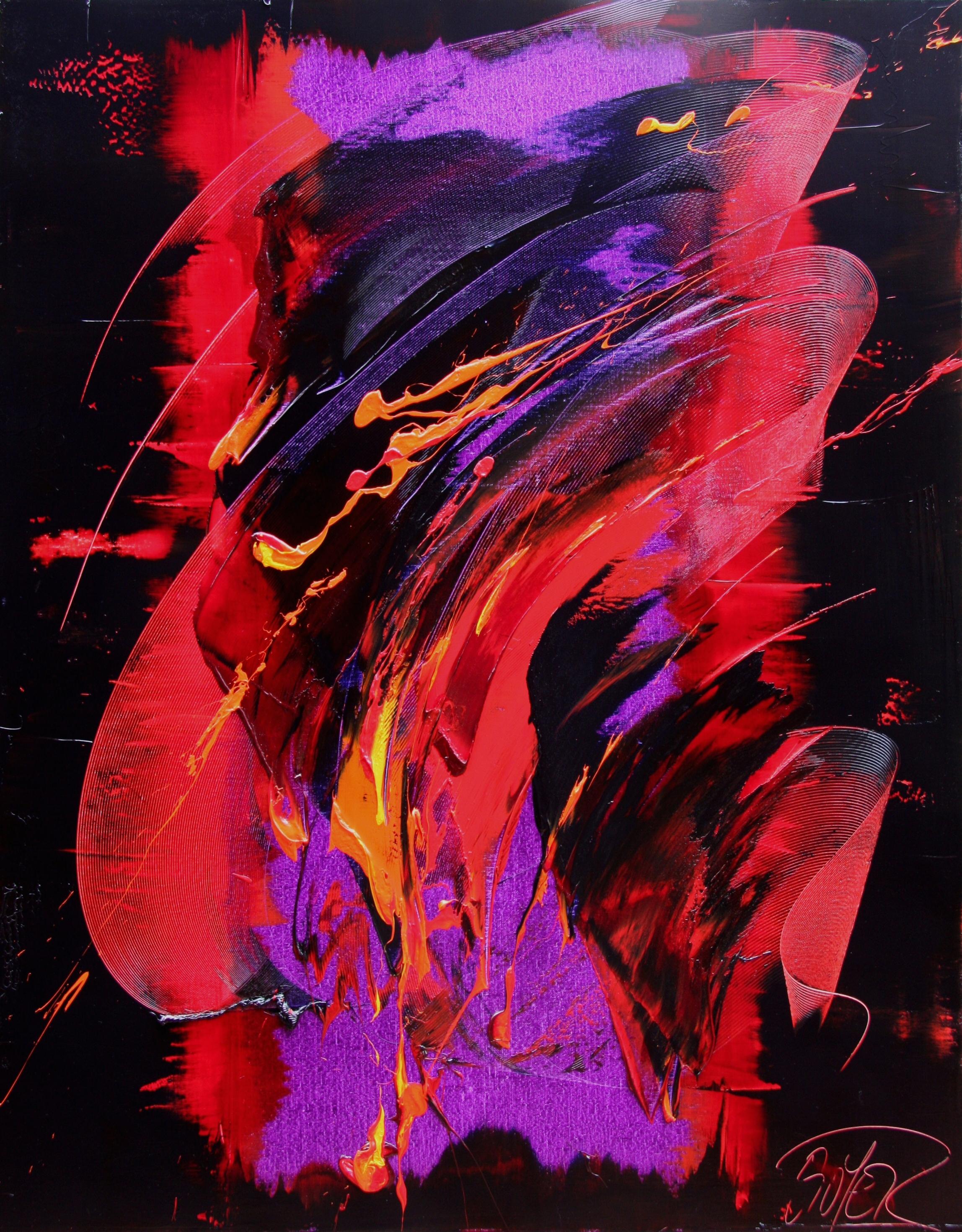 Jean Soyer - Red, Purple And Orange On Black Abstract Oil Painting Jean Soyer - Red, Purple And Orange On Black Abstract Oil Painting