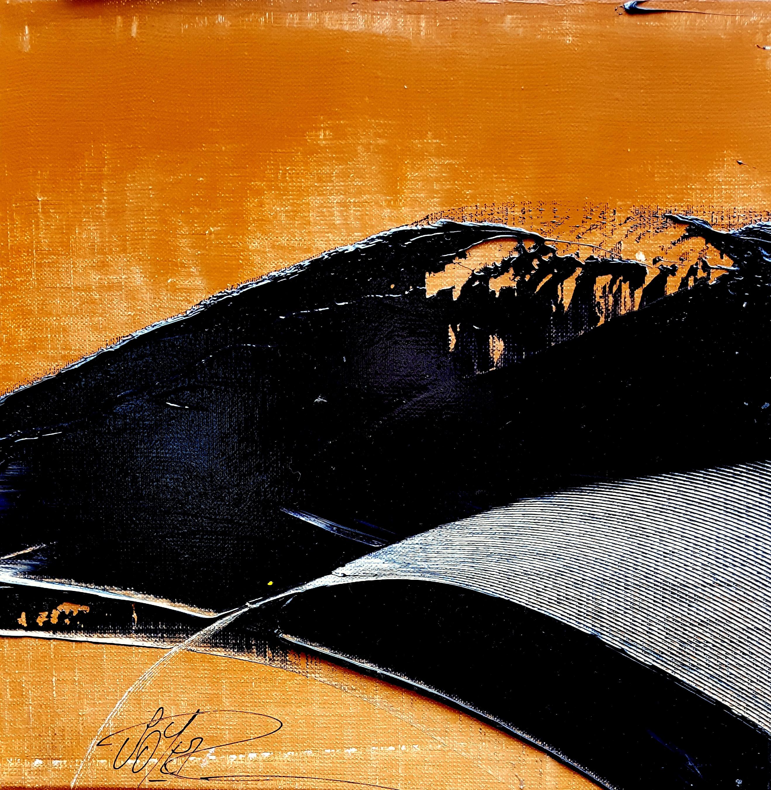 Abstrakte Landschaft, Ölgemälde, Schwarze Welle auf Ockergrund, Öl