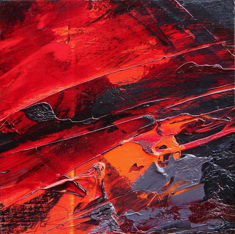 Small Deep Red Orange Black and Grey Squared Abstract Oil Painting For Sale 9