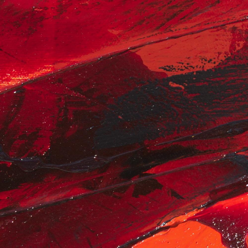 Petite peinture à l'huile abstraite carrée rouge foncé, orange, noir et gris - Marron Abstract Painting par Jean Soyer