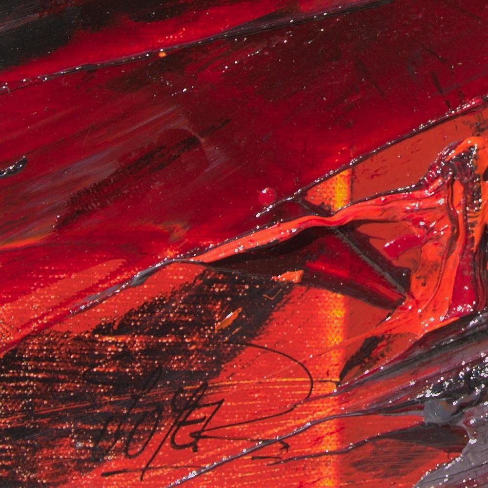Petite peinture à l'huile abstraite carrée rouge foncé, orange, noir et gris en vente 4
