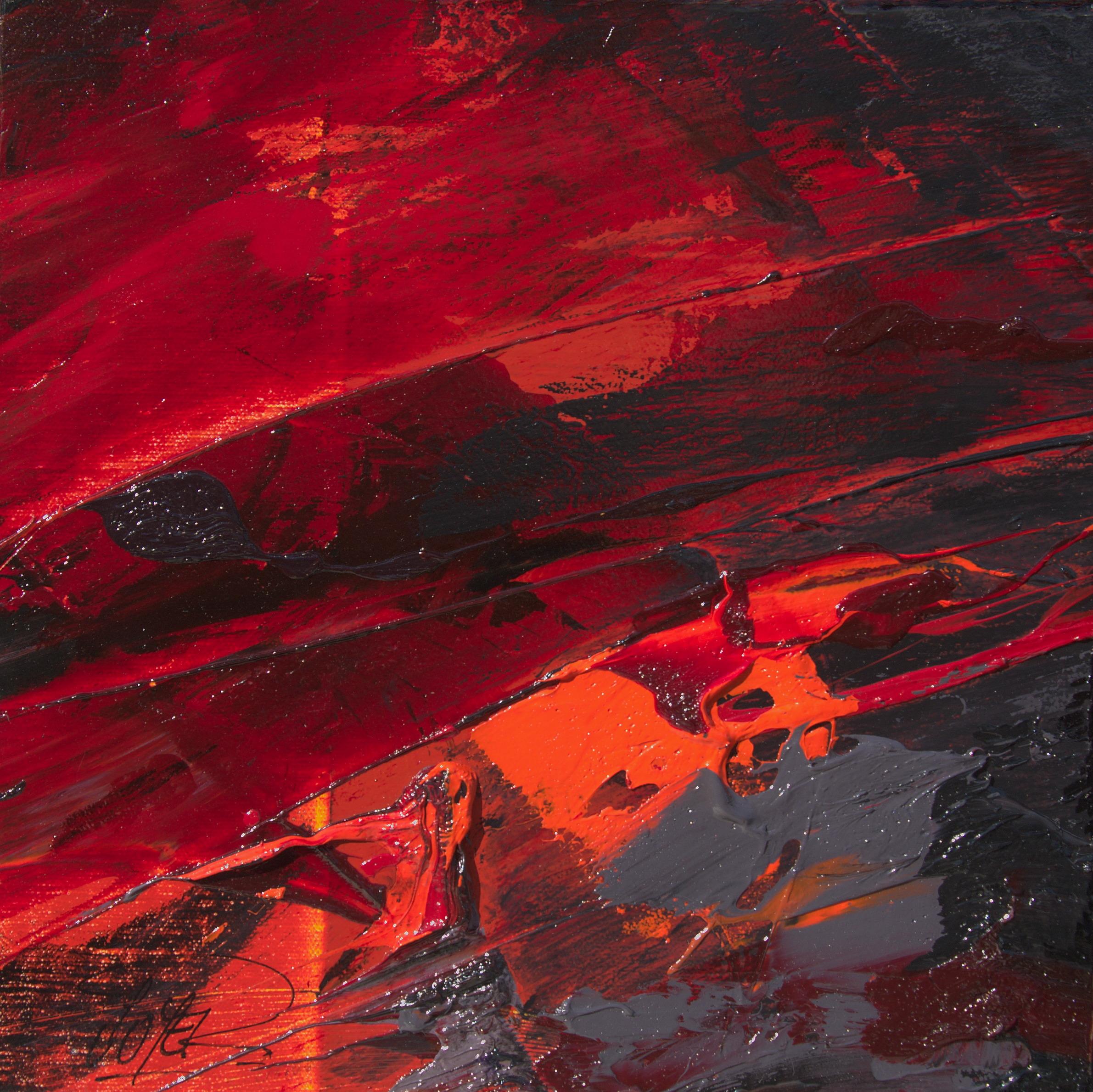 Abstract Painting Jean Soyer - Petite peinture à l'huile abstraite carrée rouge foncé, orange, noir et gris
