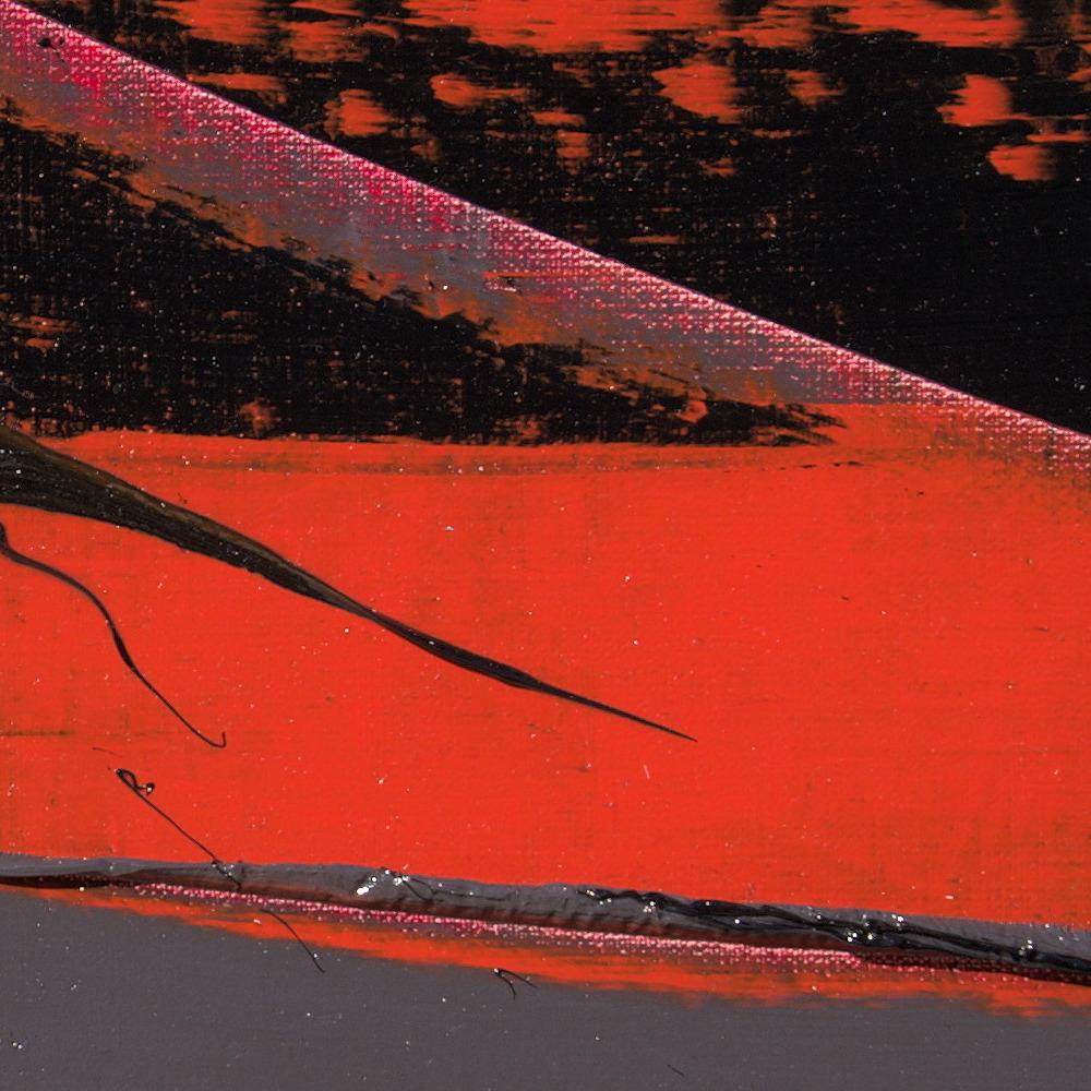 Petite peinture à l'huile abstraite carrée orange et noire avec tache de saut en vente 5
