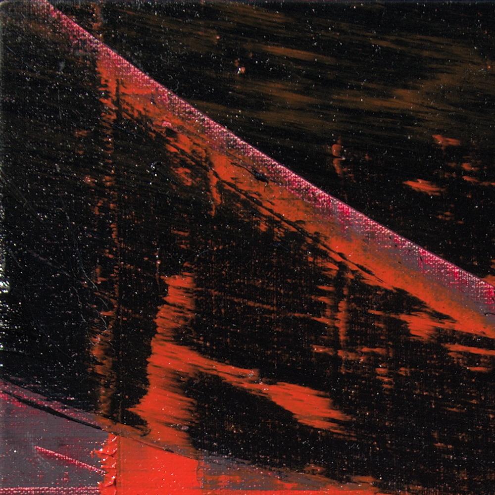 Petite peinture à l'huile abstraite carrée orange et noire avec tache de saut en vente 7