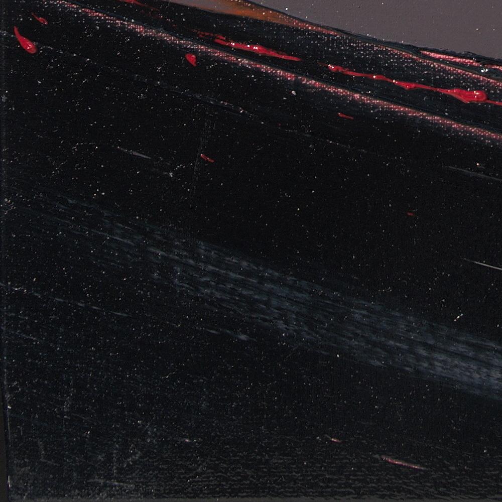 Petite peinture à l'huile abstraite carrée orange et noire avec tache de saut en vente 8