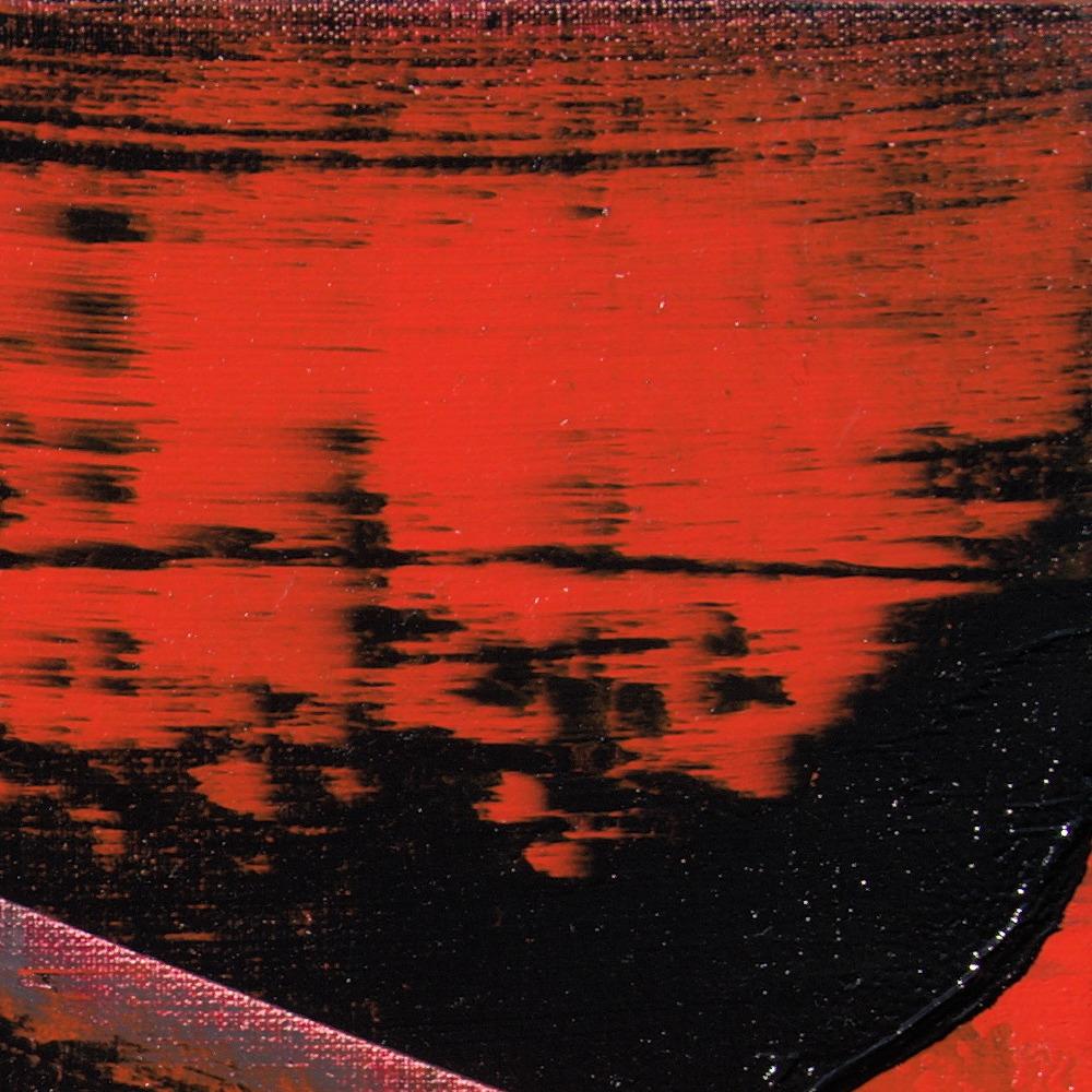 Petite peinture à l'huile abstraite carrée orange et noire avec tache de saut en vente 9