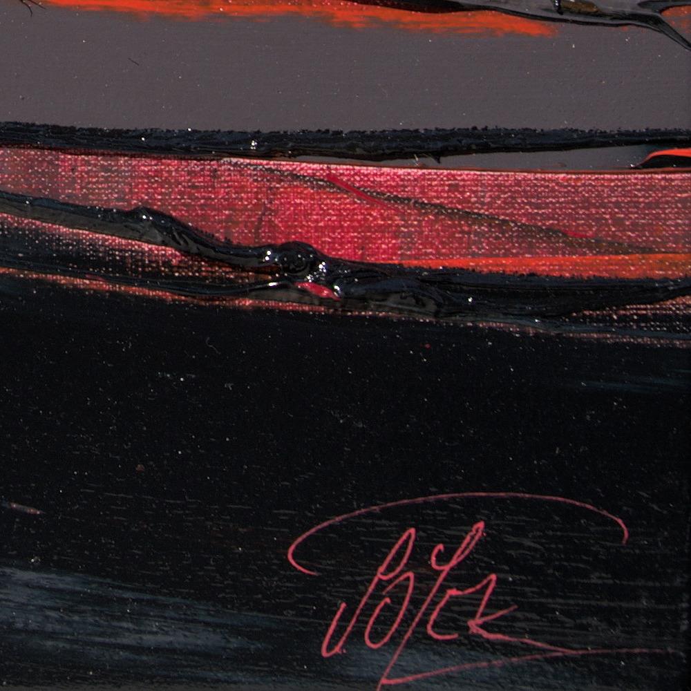 Petite peinture à l'huile abstraite carrée orange et noire avec tache de saut en vente 10