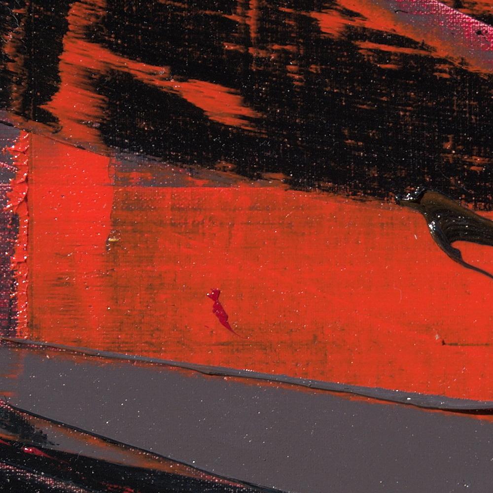Petite peinture à l'huile abstraite carrée orange et noire avec tache de saut en vente 1