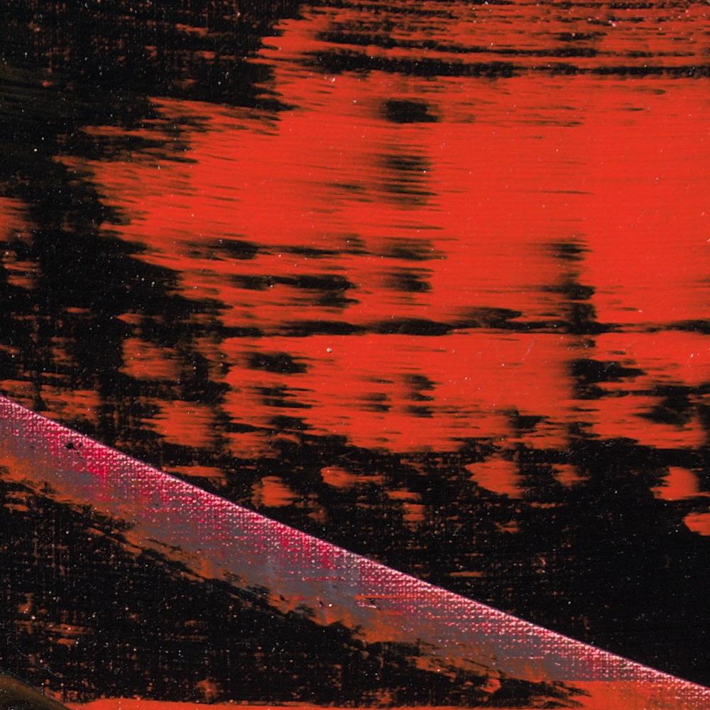 Petite peinture à l'huile abstraite carrée orange et noire avec tache de saut en vente 2