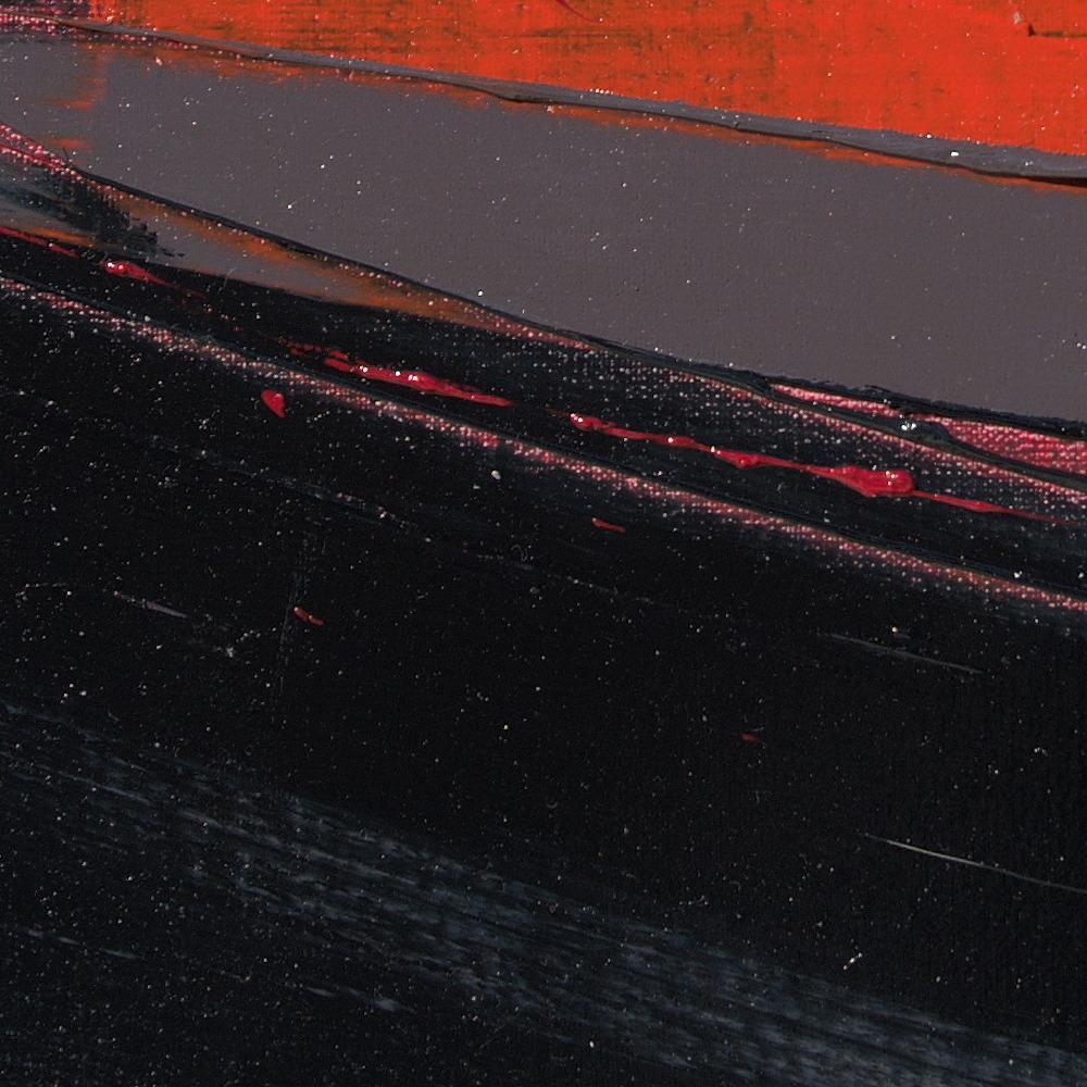 Petite peinture à l'huile abstraite carrée orange et noire avec tache de saut en vente 3
