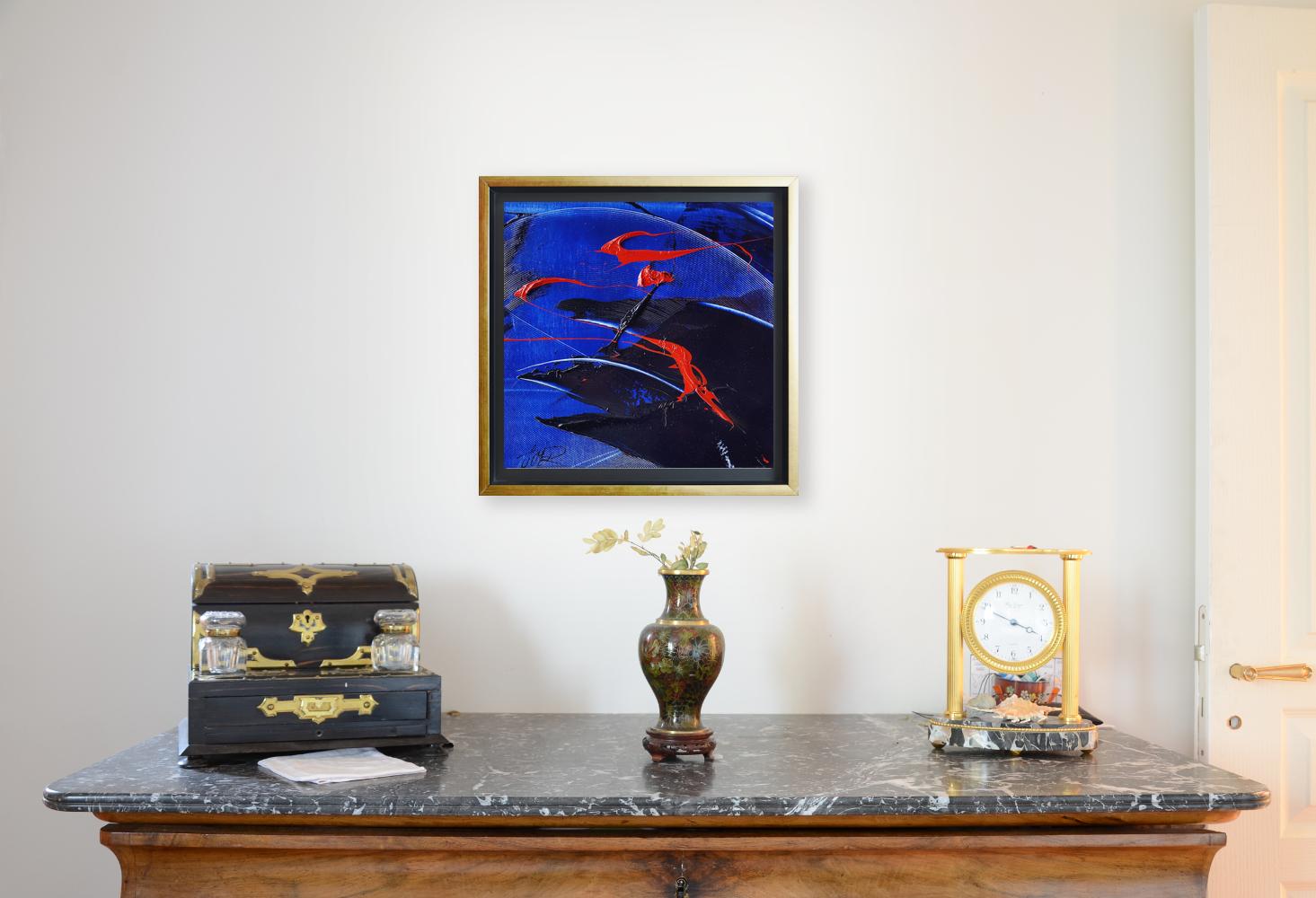 Abstraktes Landschafts-Ölgemälde in Rot, Schwarz und Blau, Öl – Painting von Jean Soyer