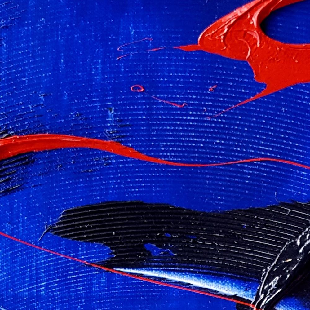Abstraktes Landschafts-Ölgemälde in Rot, Schwarz und Blau, Öl im Angebot 4
