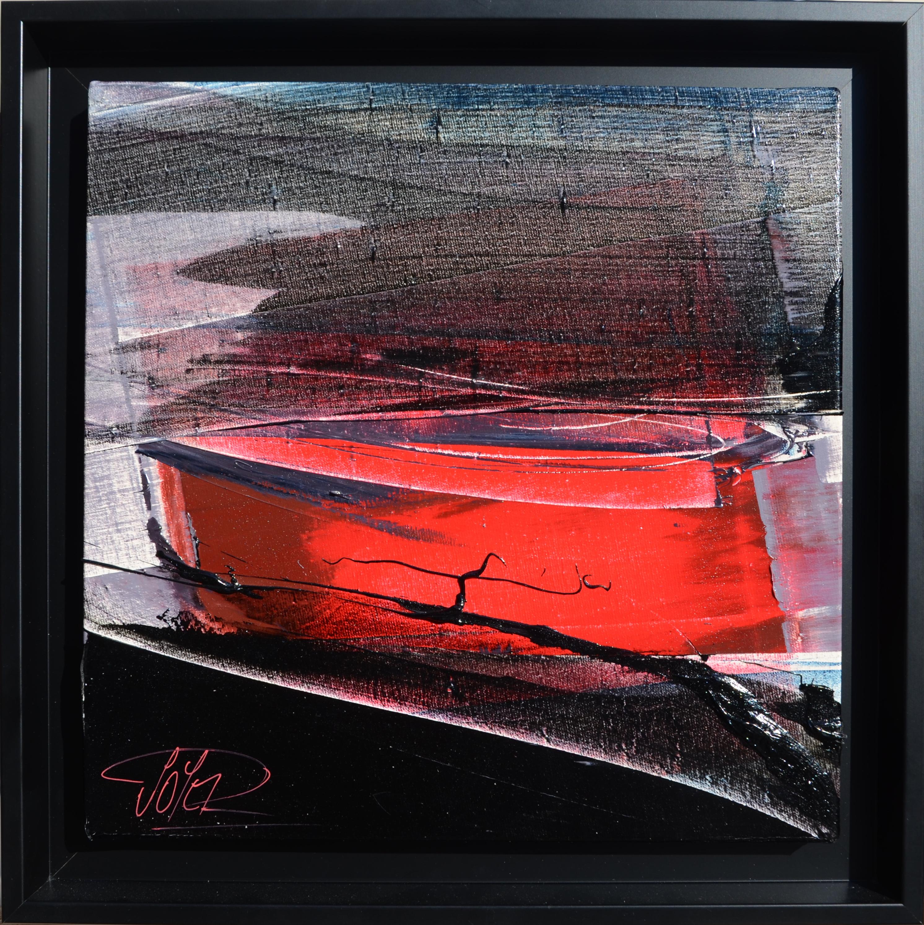 Small Red, Black and White Squared Abstract Landscape Oil Painting 1