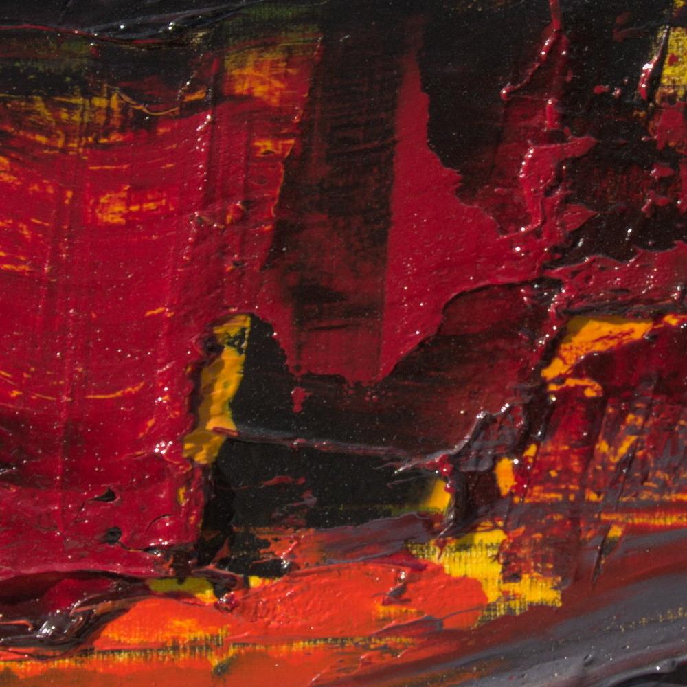 Petite peinture à l'huile de paysage abstrait rouge, orange, jaune, gris et noir en vente 5