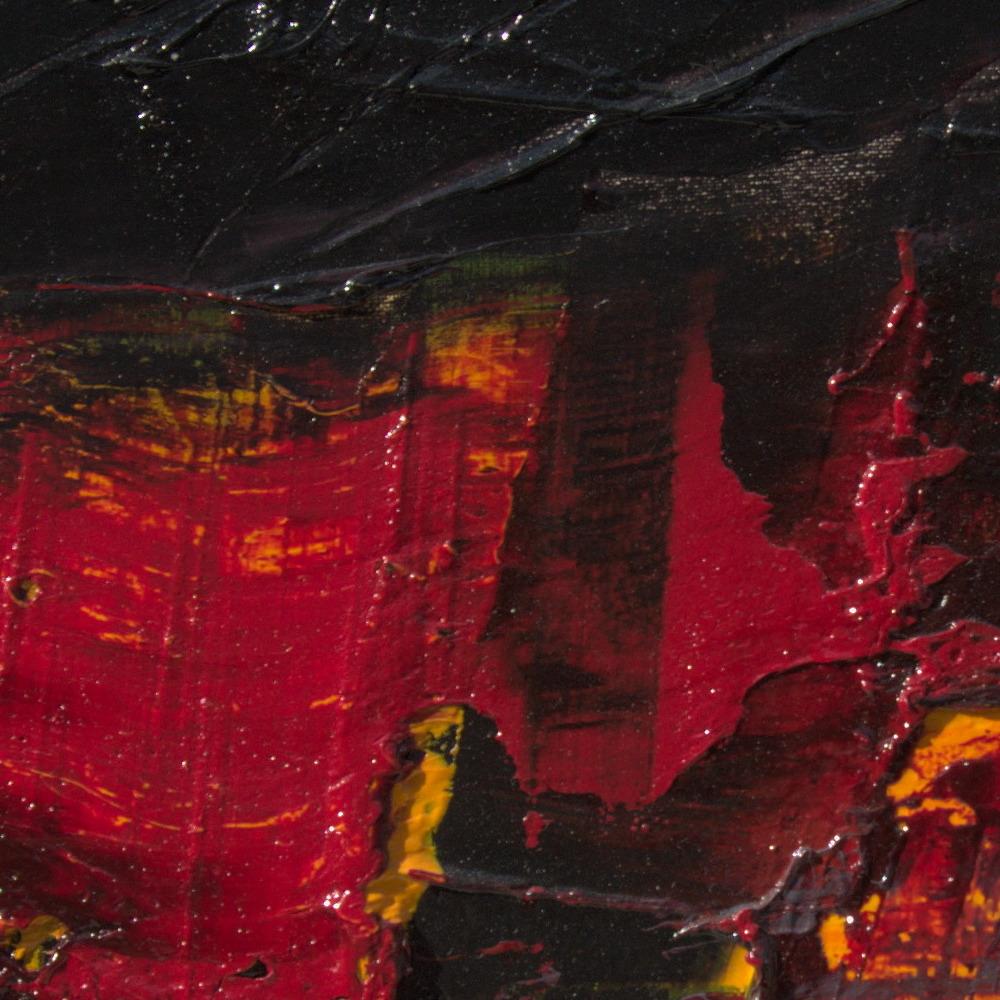 Kleine rote, orange, gelbe, graue und schwarze abstrakte Landschaft Ölgemälde im Angebot 7