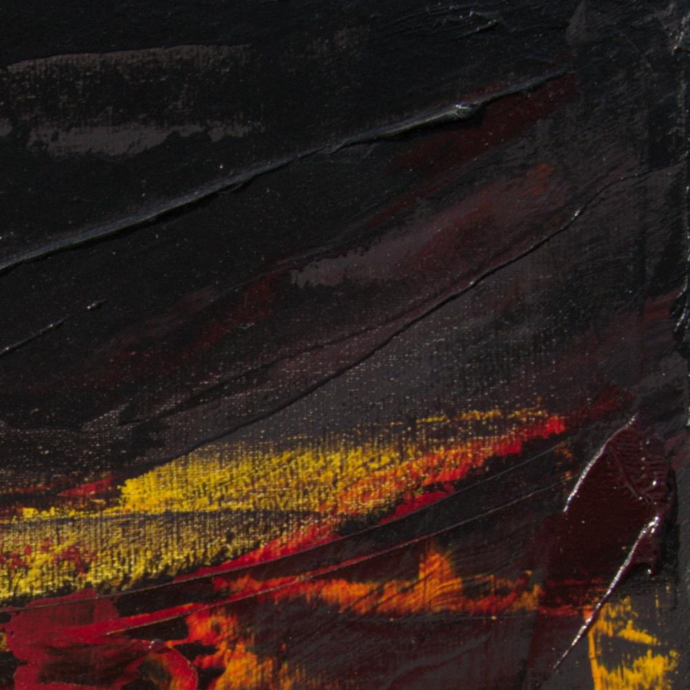 Petite peinture à l'huile de paysage abstrait rouge, orange, jaune, gris et noir en vente 7