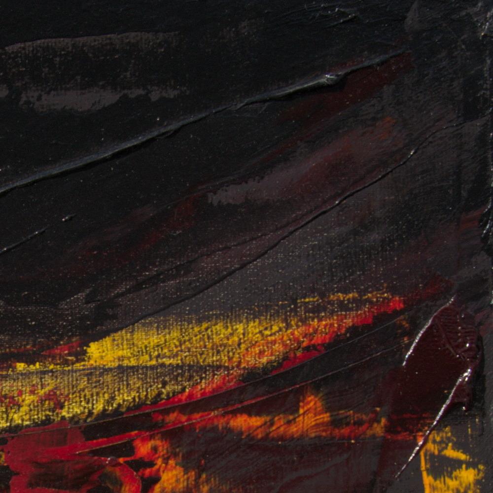 Piccolo paesaggio astratto rosso, arancione, giallo, grigio e nero dipinto ad olio 8