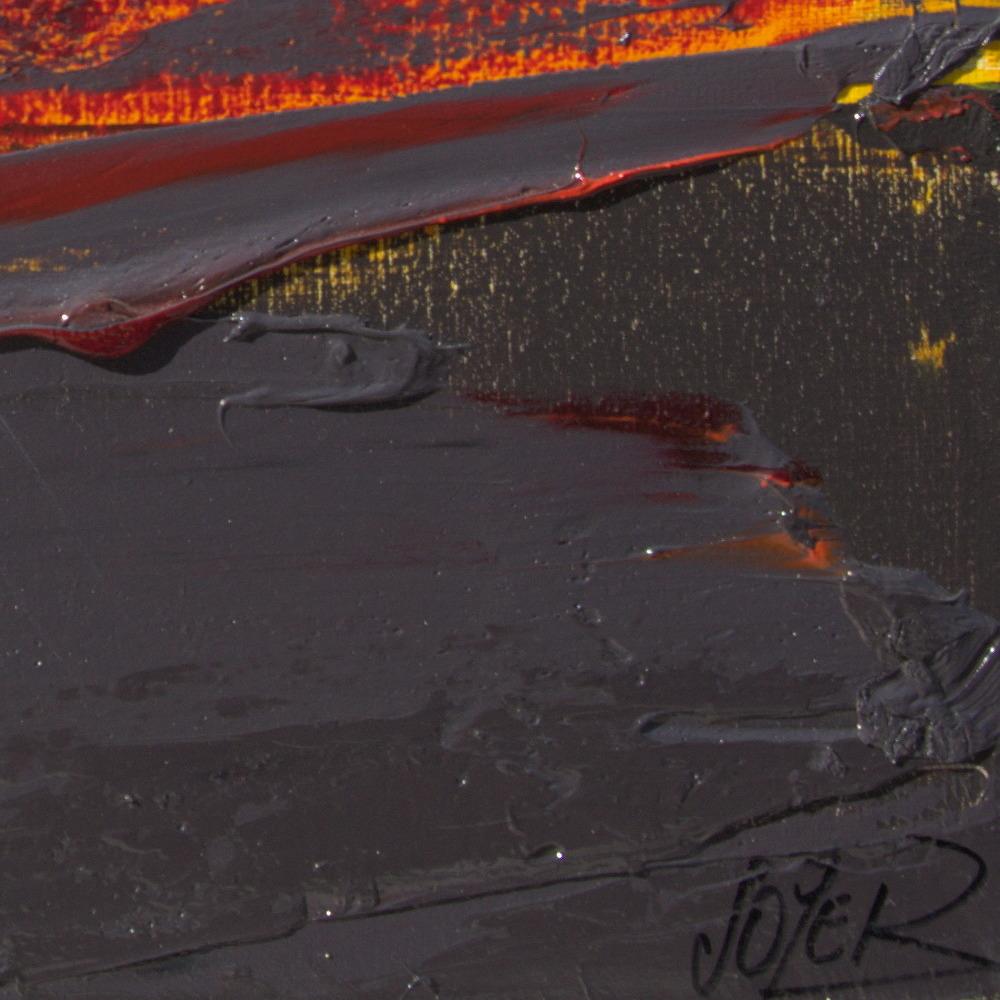 Petite peinture à l'huile de paysage abstrait rouge, orange, jaune, gris et noir en vente 9