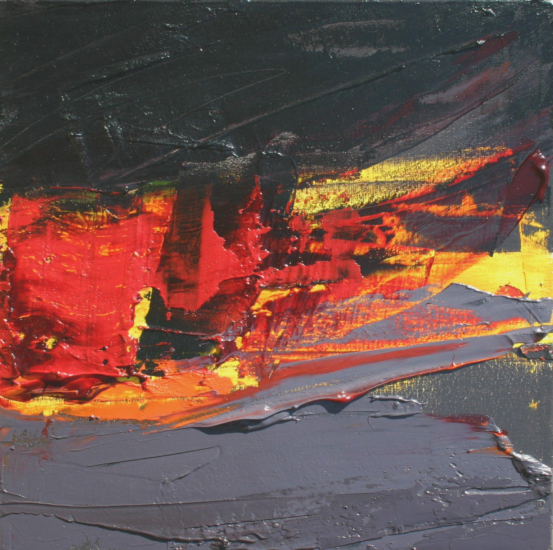 Kleine rote, orange, gelbe, graue und schwarze abstrakte Landschaft Ölgemälde – Painting von Jean Soyer