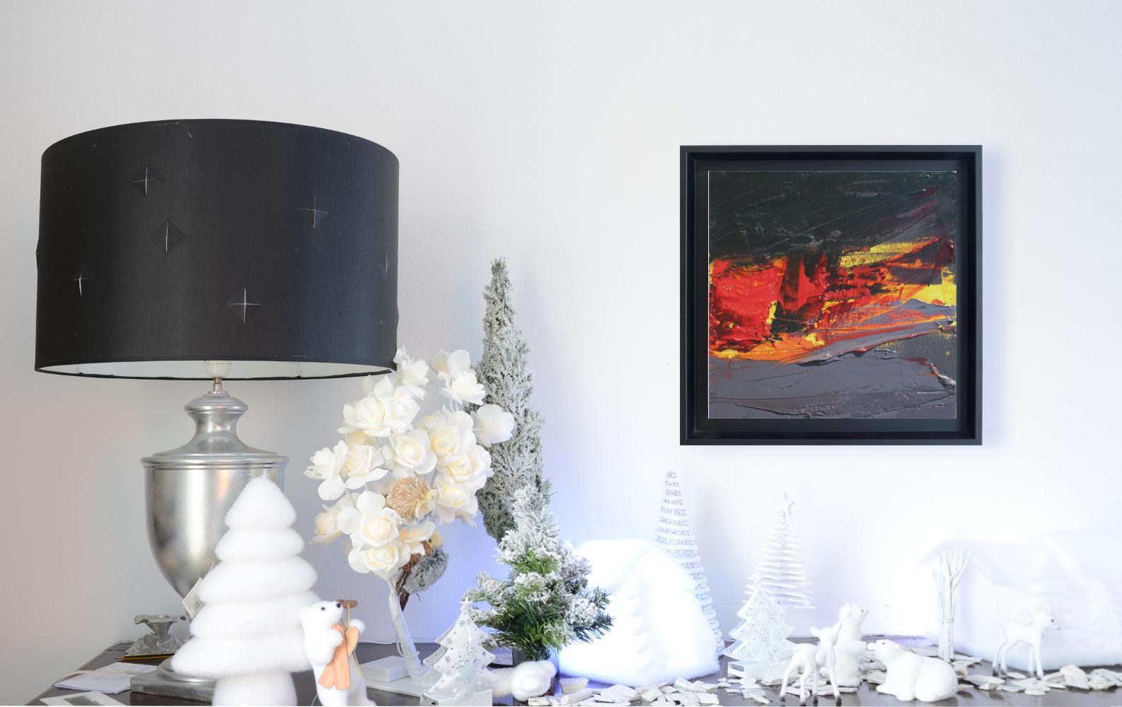 Petite peinture à l'huile de paysage abstrait rouge, orange, jaune, gris et noir - Abstrait Painting par Jean Soyer