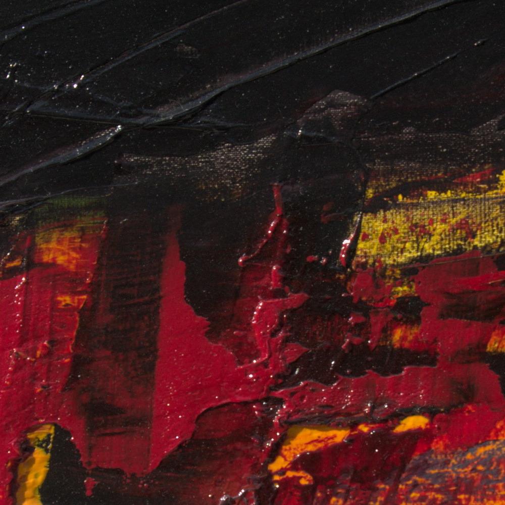 Petite peinture à l'huile de paysage abstrait rouge, orange, jaune, gris et noir - Noir Abstract Painting par Jean Soyer