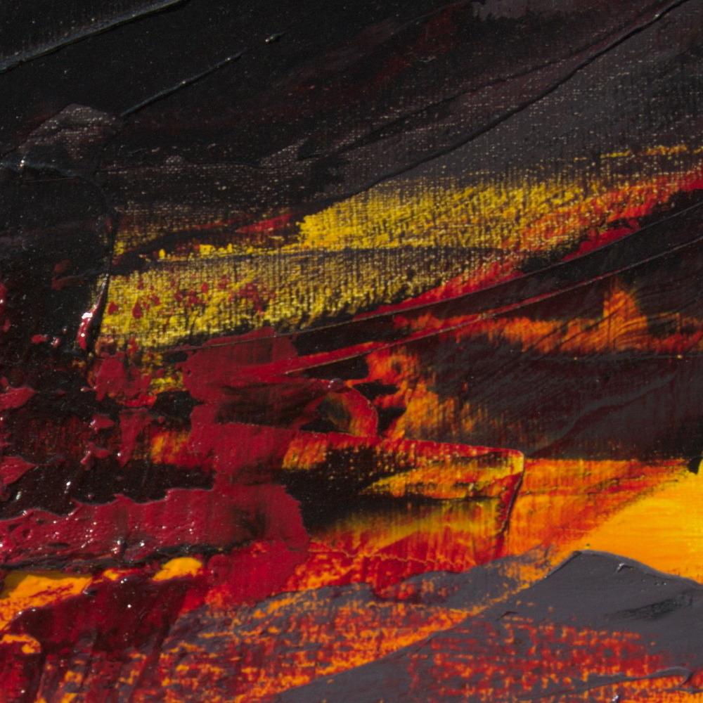 Small Red, Orange, Yellow, Grey and Black Abstract Landscape Oil Painting For Sale 2