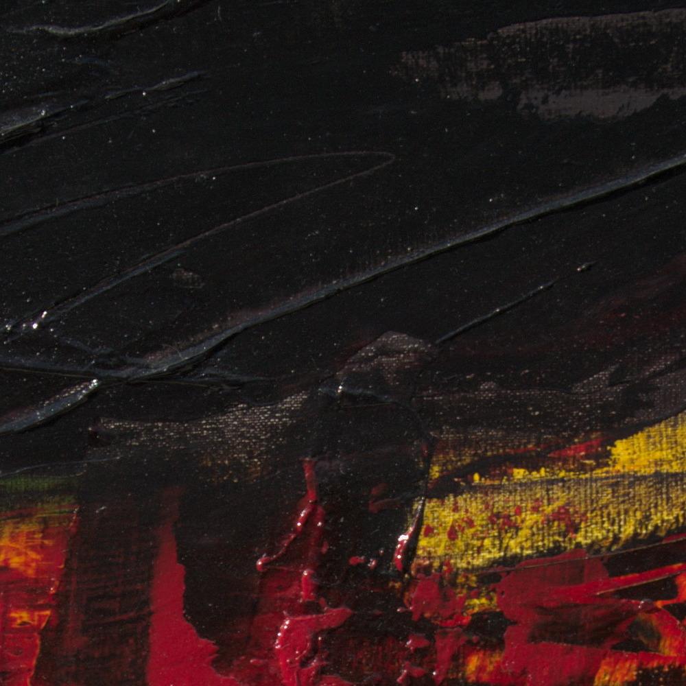 Piccolo paesaggio astratto rosso, arancione, giallo, grigio e nero dipinto ad olio 3