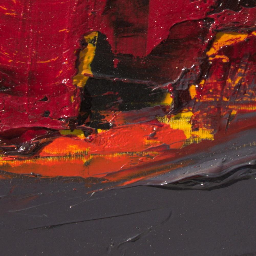 Kleine rote, orange, gelbe, graue und schwarze abstrakte Landschaft Ölgemälde im Angebot 4