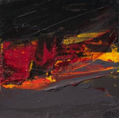 Piccolo paesaggio astratto rosso, arancione, giallo, grigio e nero dipinto ad olio