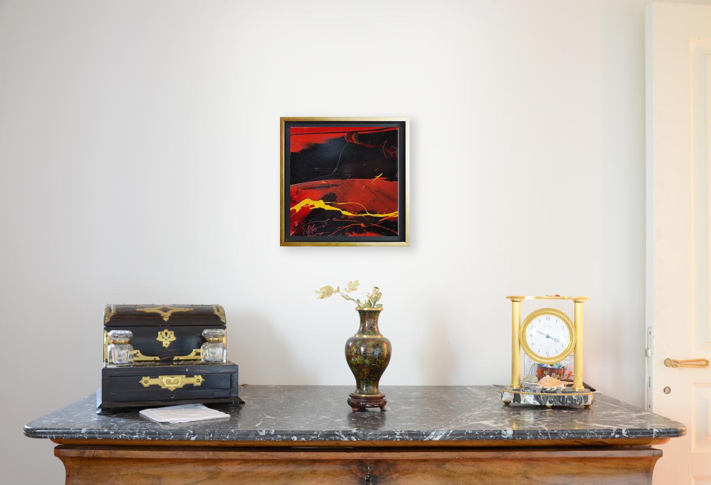 Abstrakte Landschaft, Ölgemälde, Gelb auf Schwarz und Rot, Öl – Painting von Jean Soyer