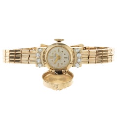 Jean Sybe Vintage 14k Yellow Gold Sapphire and Diamond Ladies Flip Top Watch