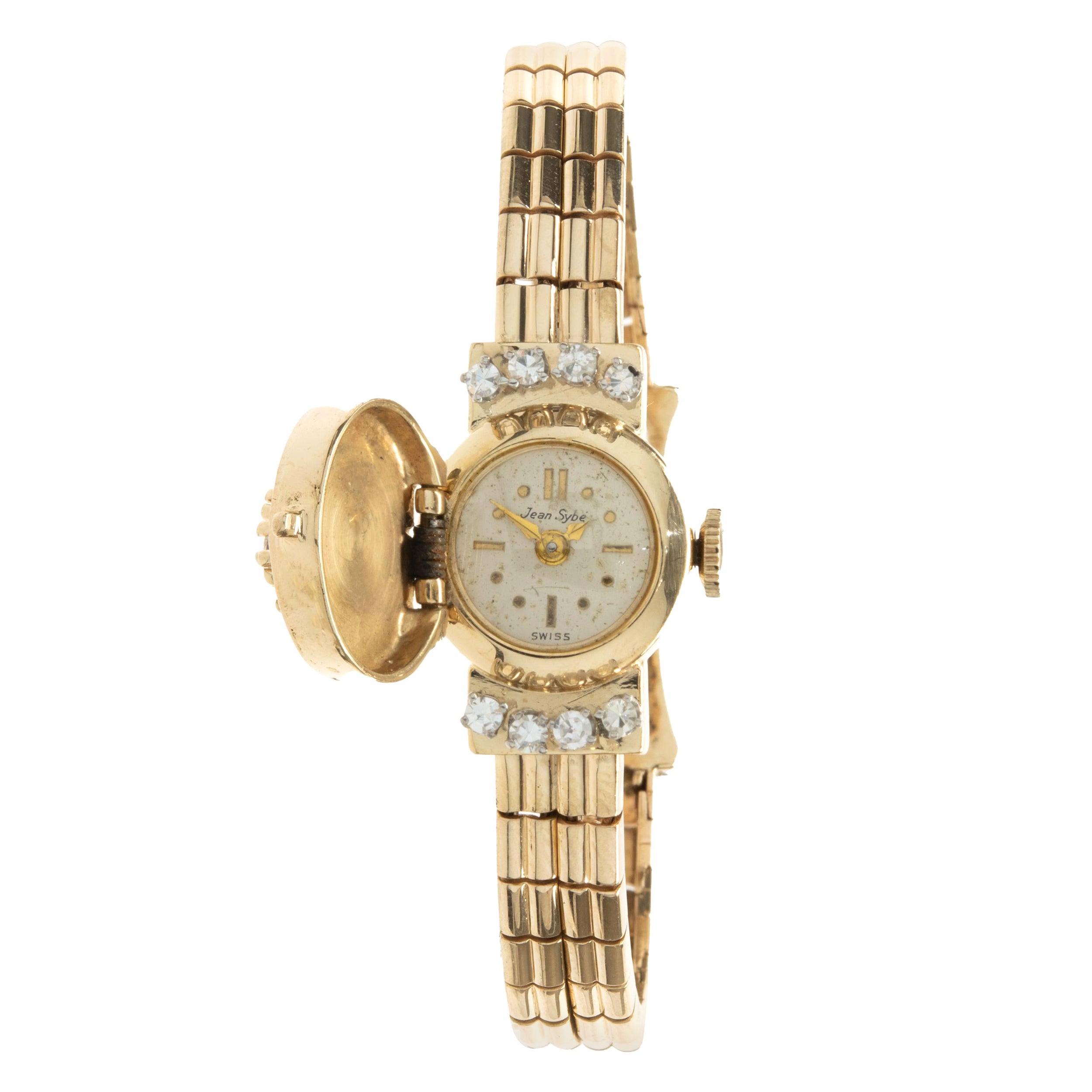 Jean Sybe Vintage 14k Gelbgold Saphir und Diamant Damen Flip Top Uhr