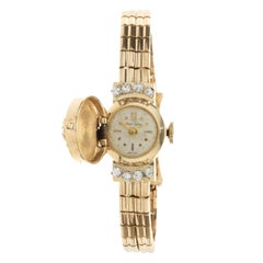 Jean Sybe Vintage 14k Yellow Gold Sapphire and Diamond Ladies Flip Top Watch