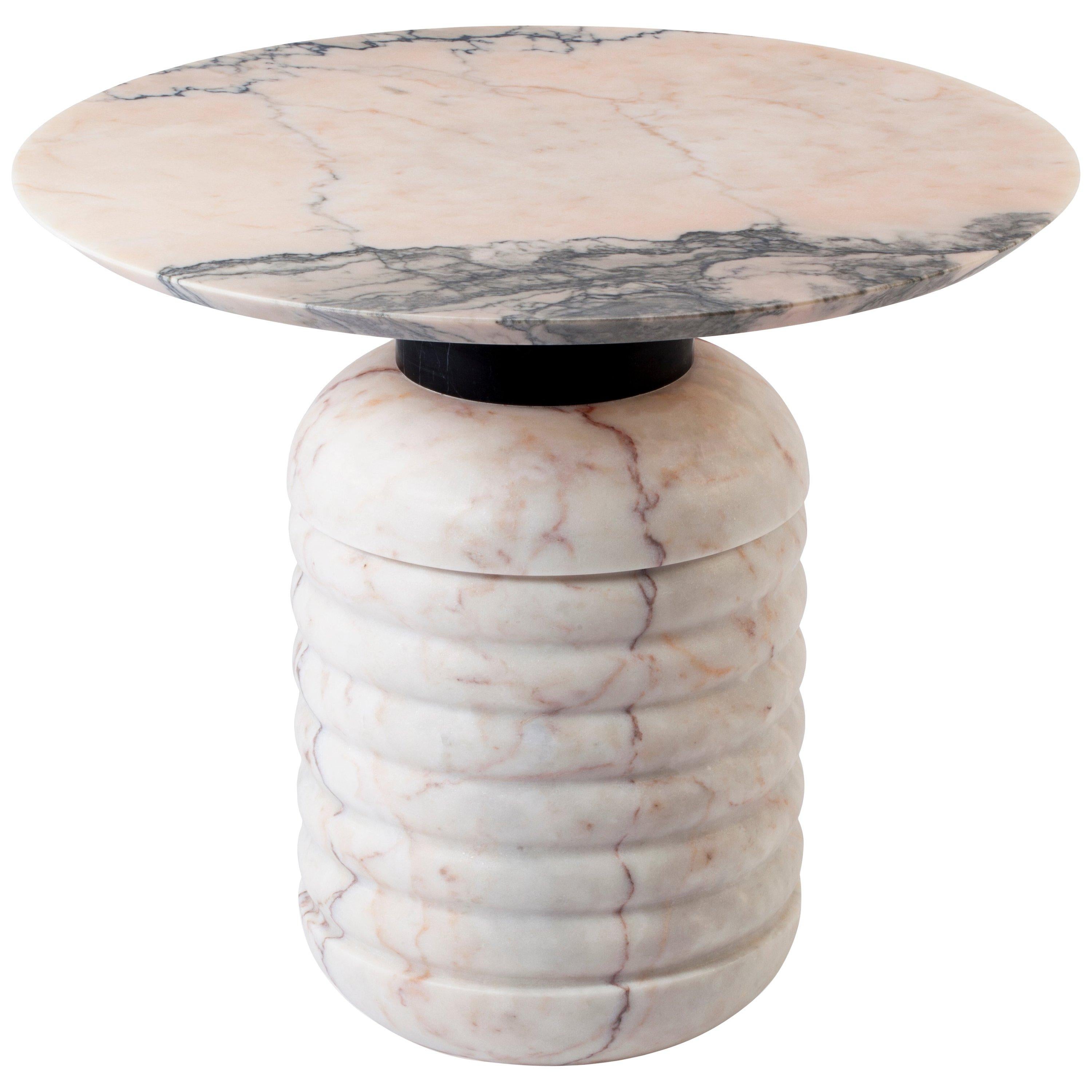 Top - Nero Marquina marble
Middle Band - Estremoz White marble
Base - Estremoz White marble

Custom dimensions: 

- 72cm tall
- 30cm on the neck
- 60cm diameter for the round top


Jean side tables are unique in their conception. The