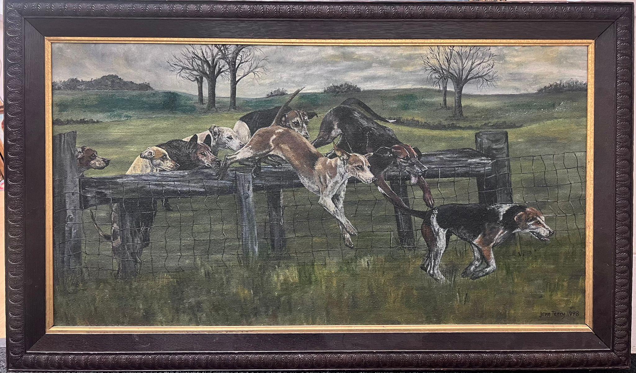 In Full Pursuit
Hunting Hounds clearing a Fence
by Jean Terry, British 20th century
signed and dated 1998
oil on board, framed
framed: 28.5 x 45 inches
board: 23 x 42 inches
provenance: private collection, UK
condition: very good and sound condition 