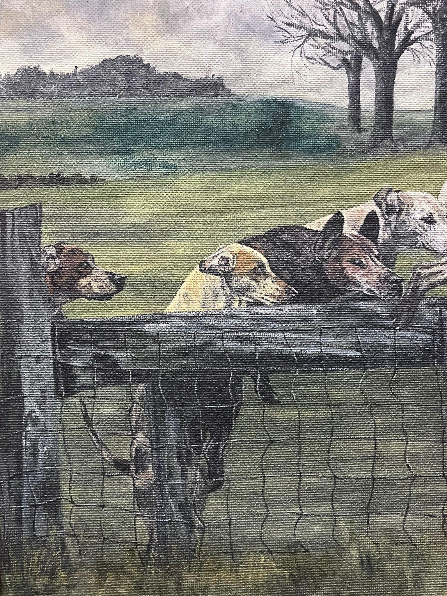 Enorme óleo deportivo británico Lebreles de caza en plena persecución sobre una valla - Painting Moderno de Jean Terry